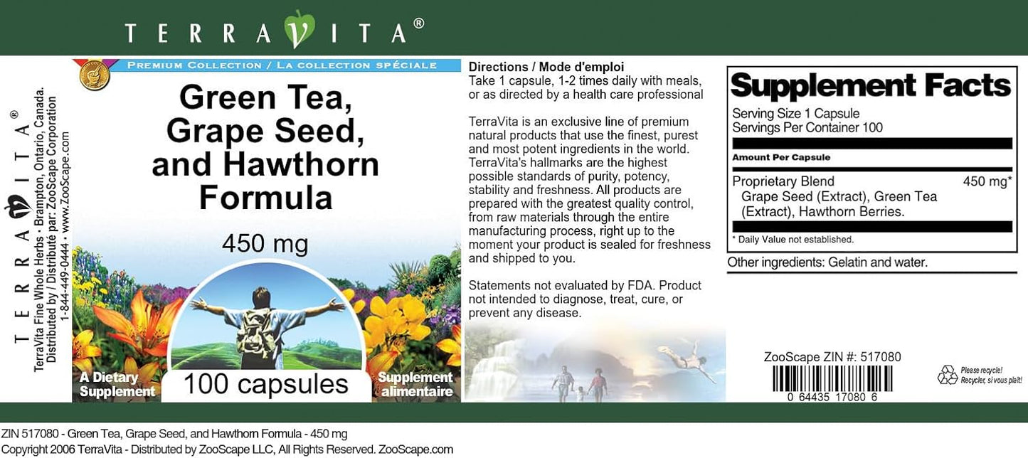 High Blood Pressure Support Capsules with Green Tea, Grape Seed, and Hawthorn Extract - 450mg (100 Count)