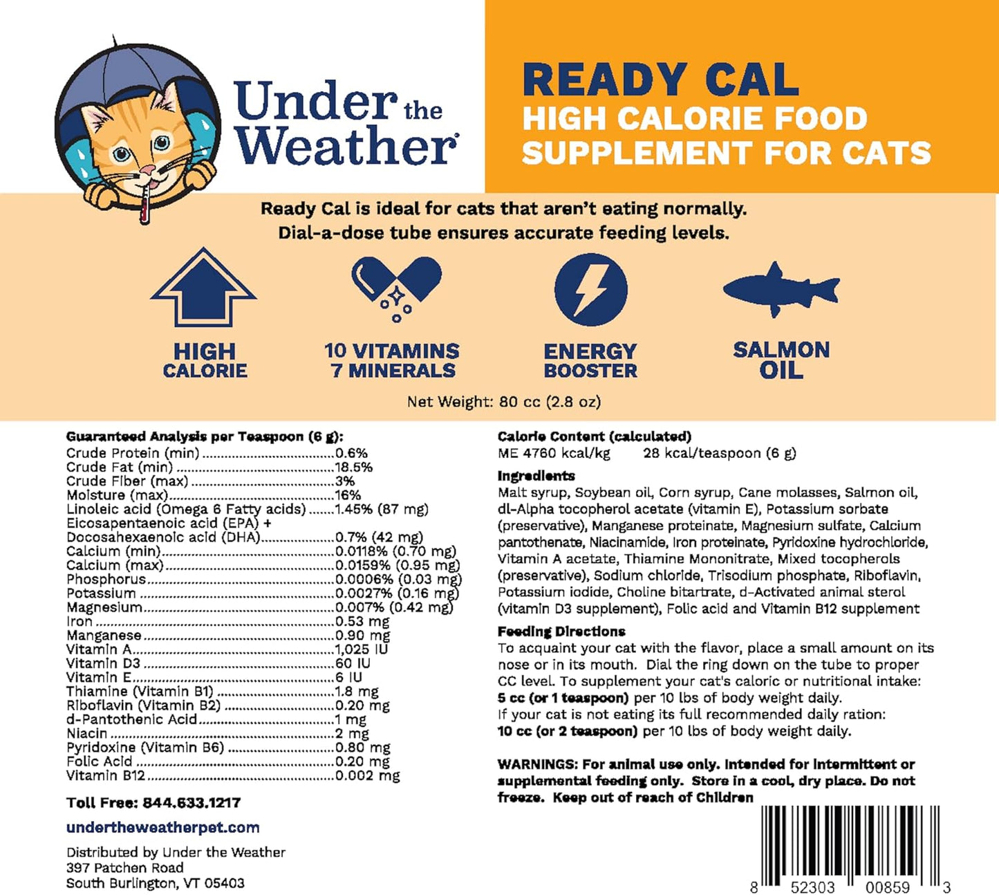 High Calorie Cat Supplement | Under The Weather Pet Ready Cal 100cc | Weight Gainer & Calorie Booster | 10 Vitamins, 7 Minerals, Omega Fatty Acids