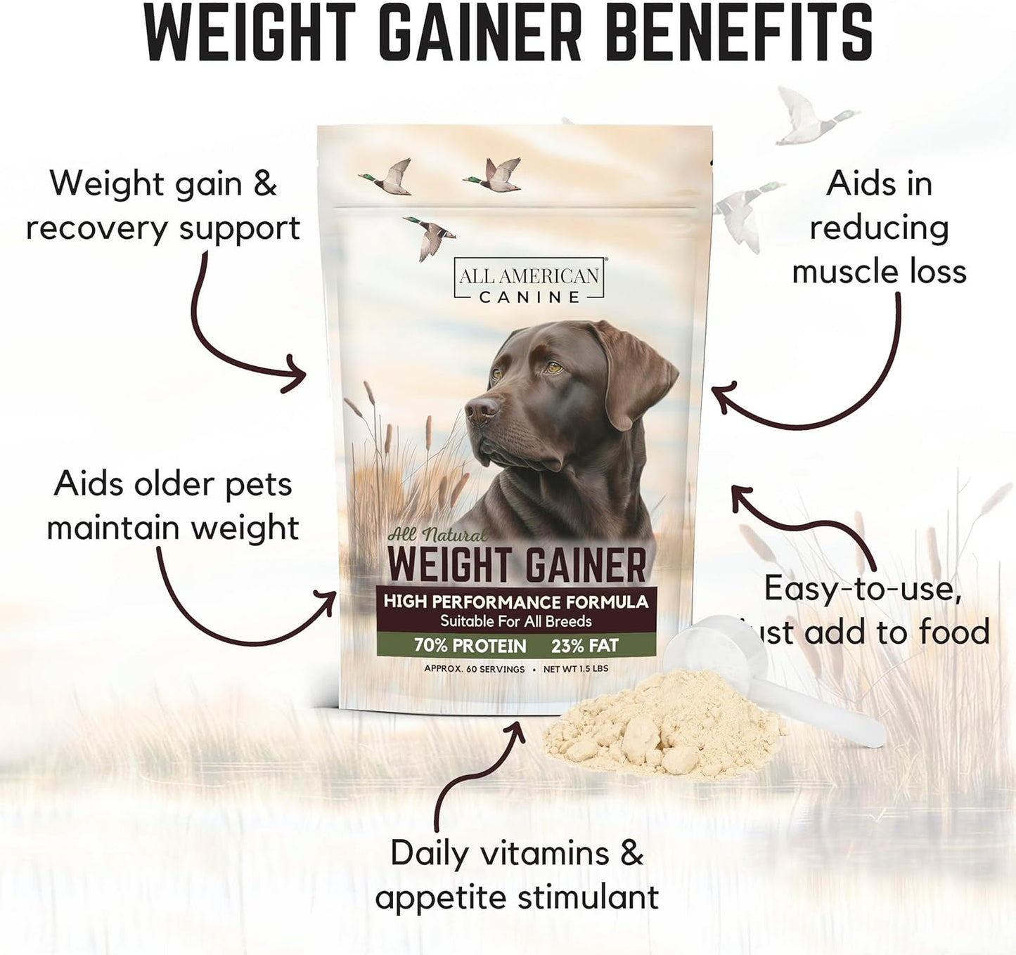 High Calorie Dog Food Supplement for Rapid Weight Gain & Recovery - All American Canine Dog Weight Gainer - Protein Powder with Appetite Stimulant - 60 Servings