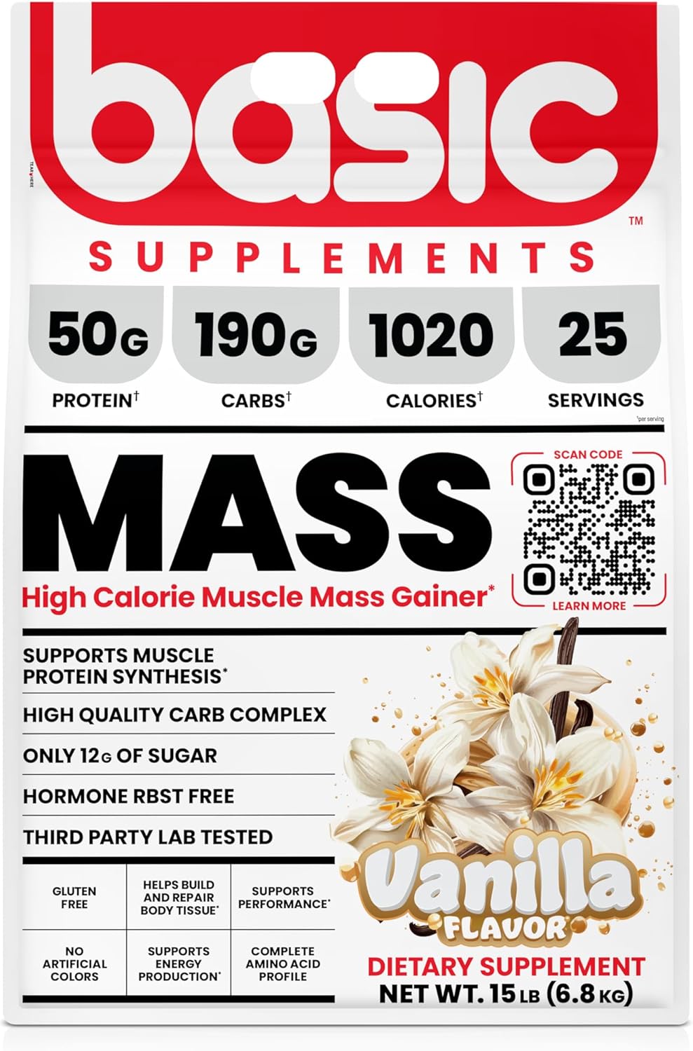 High-Calorie Mass Gainer Protein Powder for Muscle Growth & Recovery, Gluten-Free, RBST-Free, No Artificial Colors - 15lb Vanilla Flavor