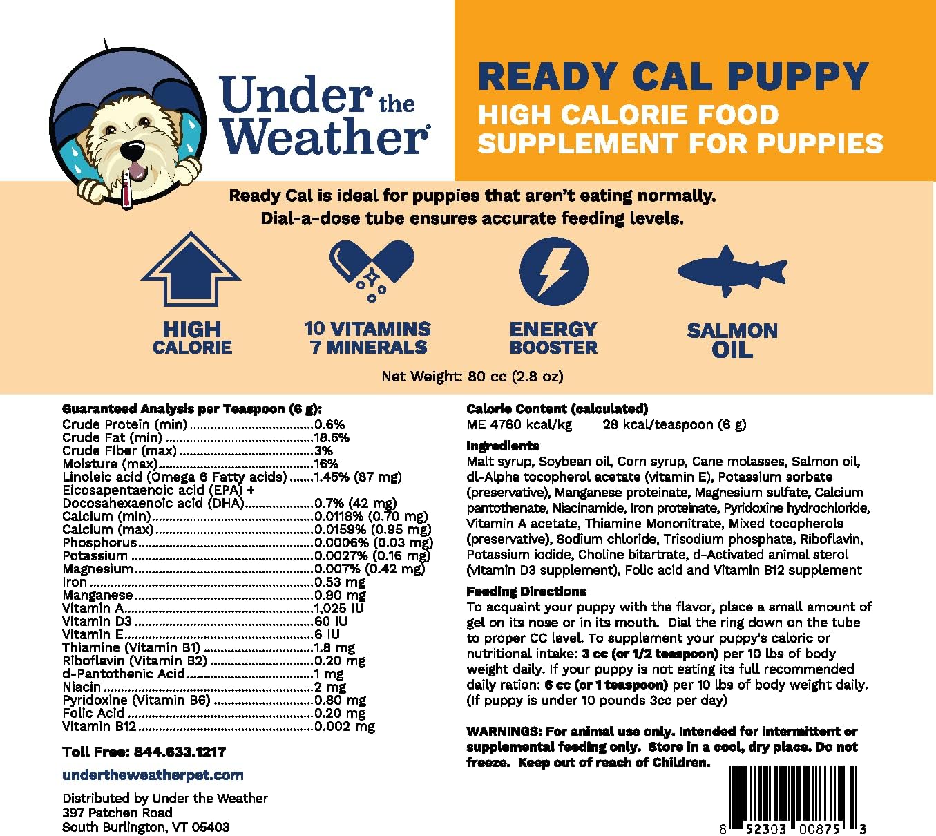 High Calorie Puppy Nutritional Supplement - Under the Weather Pet Ready Cal for Puppies 100cc - Weight Gainer with Vitamins, Minerals, and Omega Fatty Acids