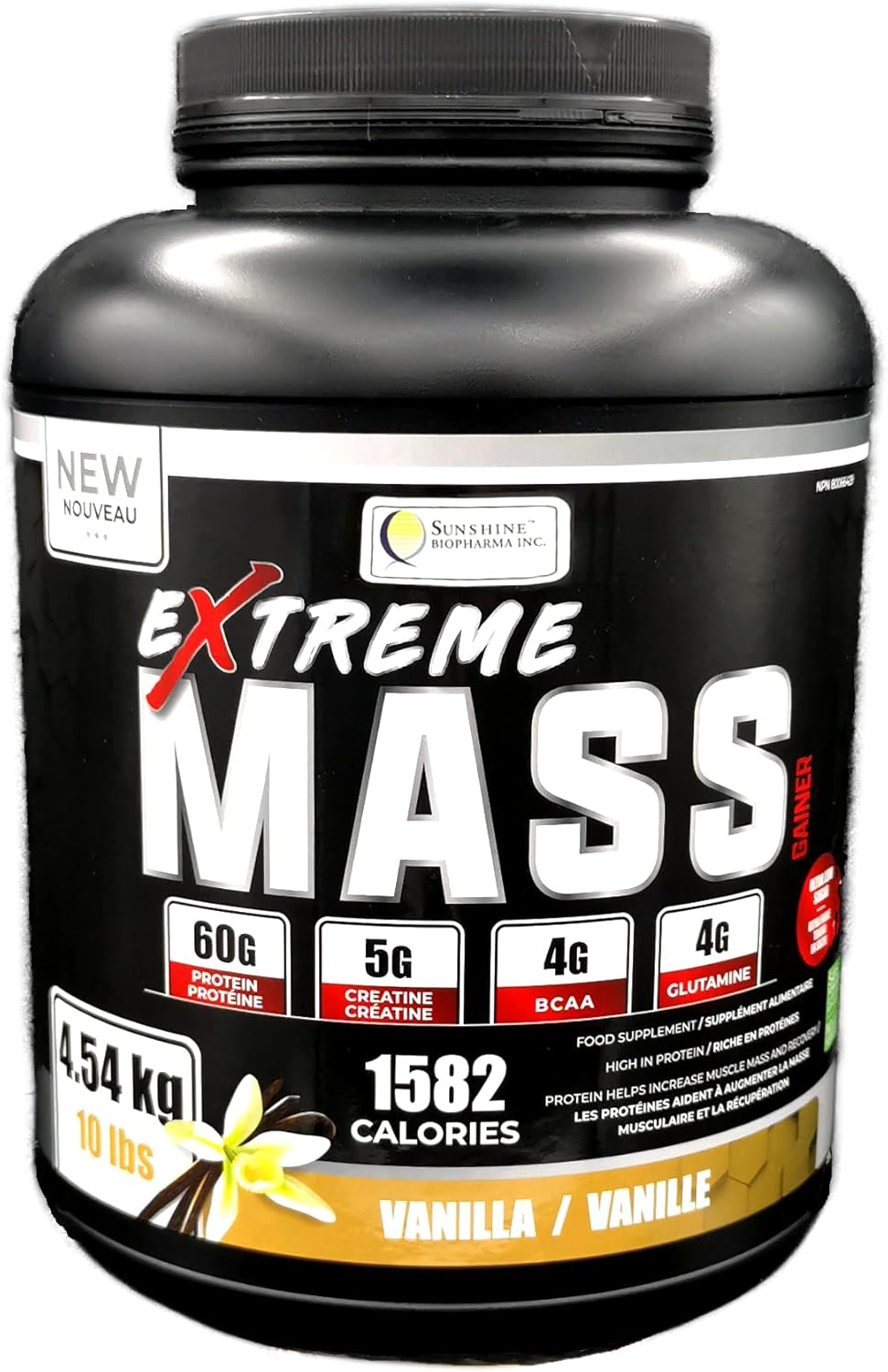 High Calorie Sunshine Biopharma Extreme Mass Weight Gainer Muscle Builder - 10 lbs (4.54 kg) - Fortified with Whey Protein & Low Sugar for Intense Workouts