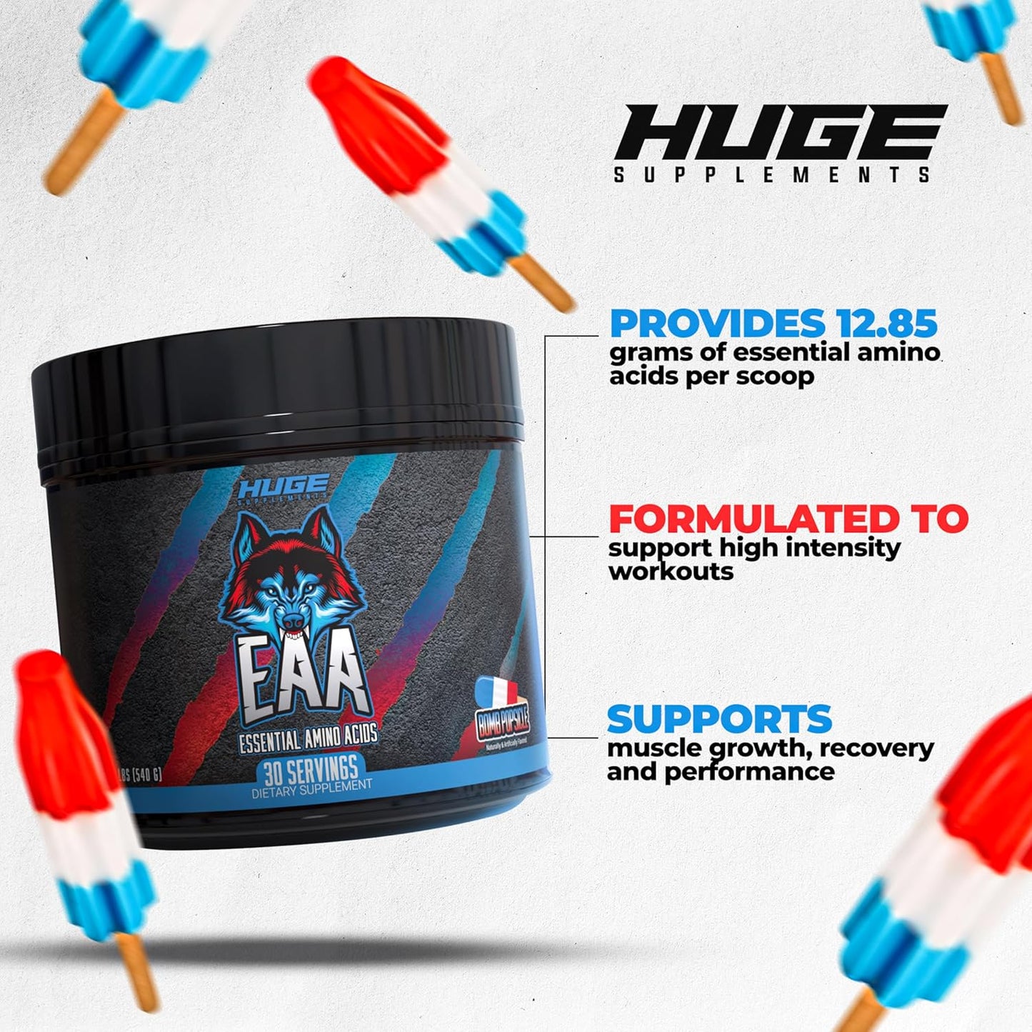 High-Dose Essential Amino Acids & BCAAs Powder for Muscle Growth, Recovery, Performance - 17.73 Oz, Bomb Popsicle Flavor