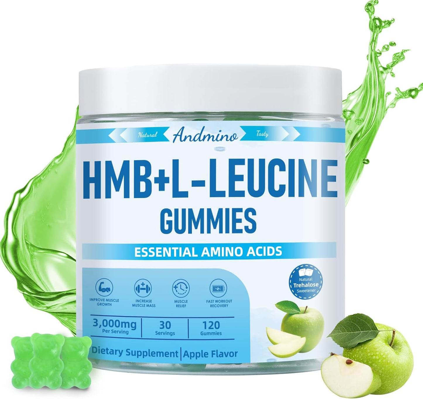High-Dose HMB and L-Leucine Gummies with Trehalose for Muscle Growth and Recovery - 3000mg, Apple Flavor, 120 Count, Non-GMO Vegan Gluten Free