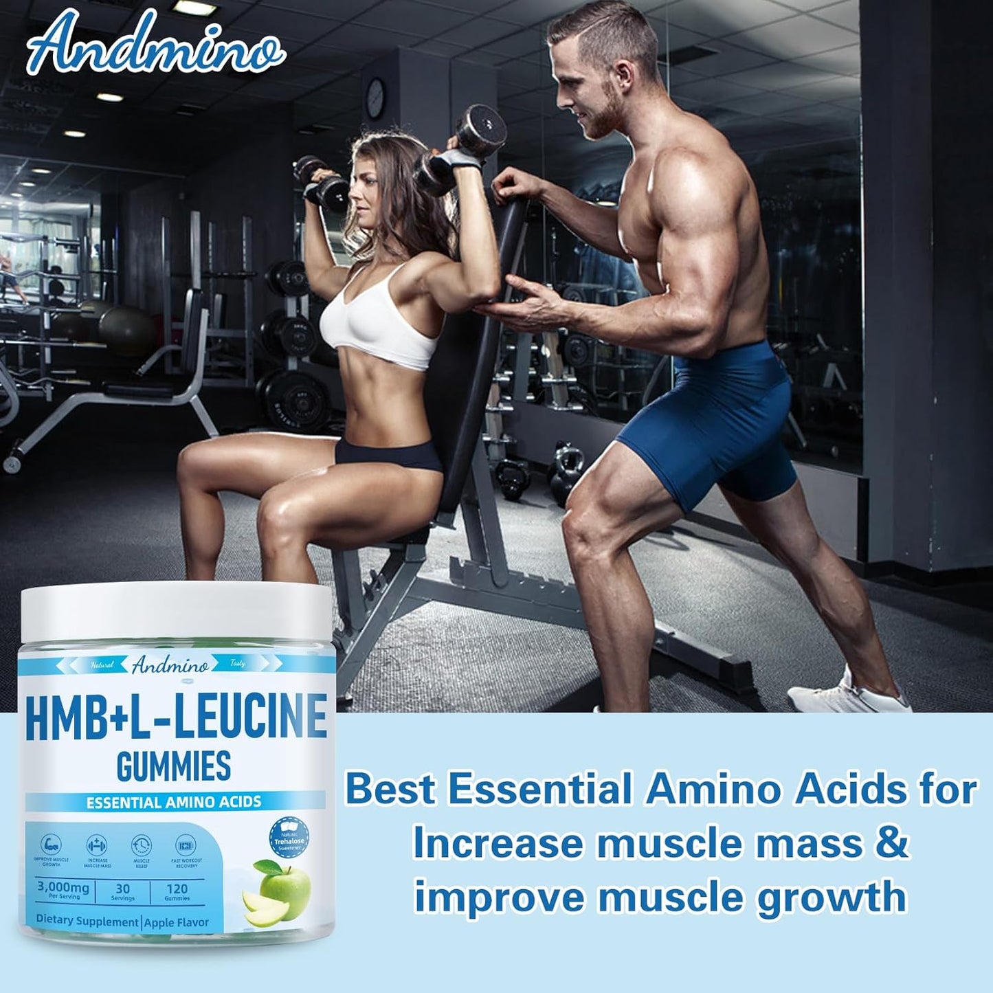 High-Dose HMB and L-Leucine Gummies with Trehalose for Muscle Growth and Recovery - 3000mg, Apple Flavor, 120 Count, Non-GMO Vegan Gluten Free