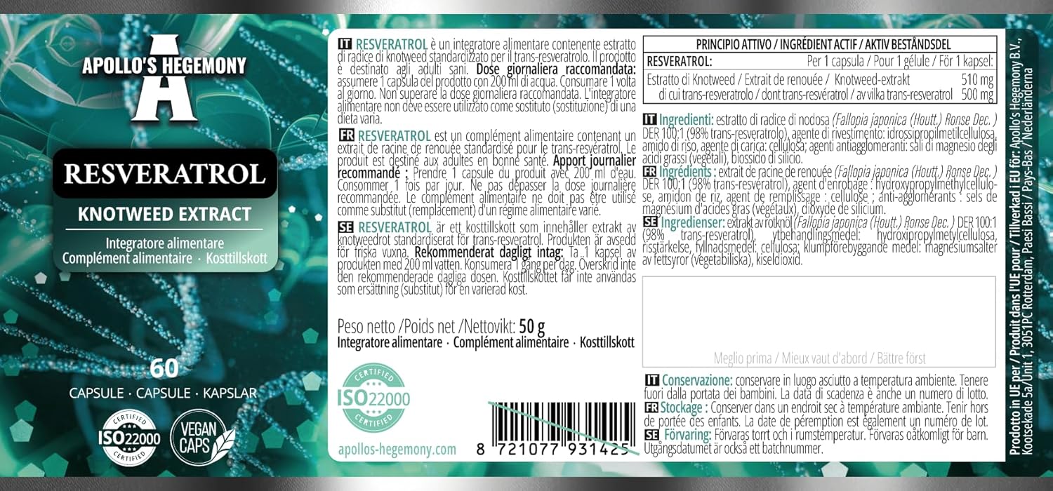 High Dose Resveratrol Capsules - 400 mg - 60 Vegan Capsules - 2 Months Supply - 98% Trans-Resveratrol - Natural Antioxidant Supplement