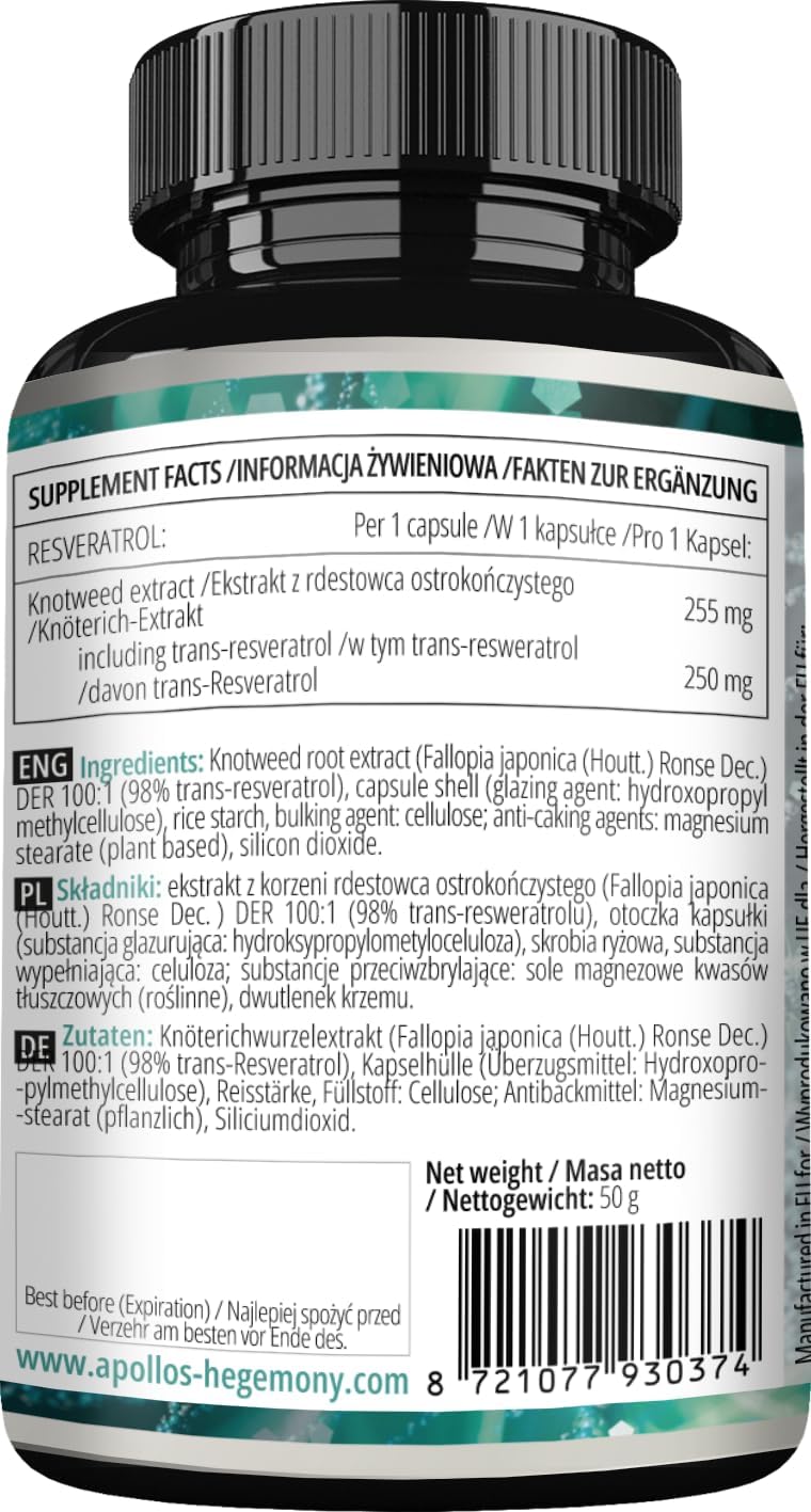 High Dose Resveratrol Capsules - 400 mg - 60 Vegan Capsules - 2 Months Supply - 98% Trans-Resveratrol - Natural Antioxidant Supplement