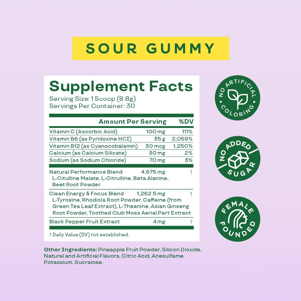 High Energy Pre Workout Powder with Amino Energy, Beta Alanine, Ginseng, L Tyrosine, Green Tea Extract, Sugar Free & Keto Drink Mix - Sour Gummy Flavor