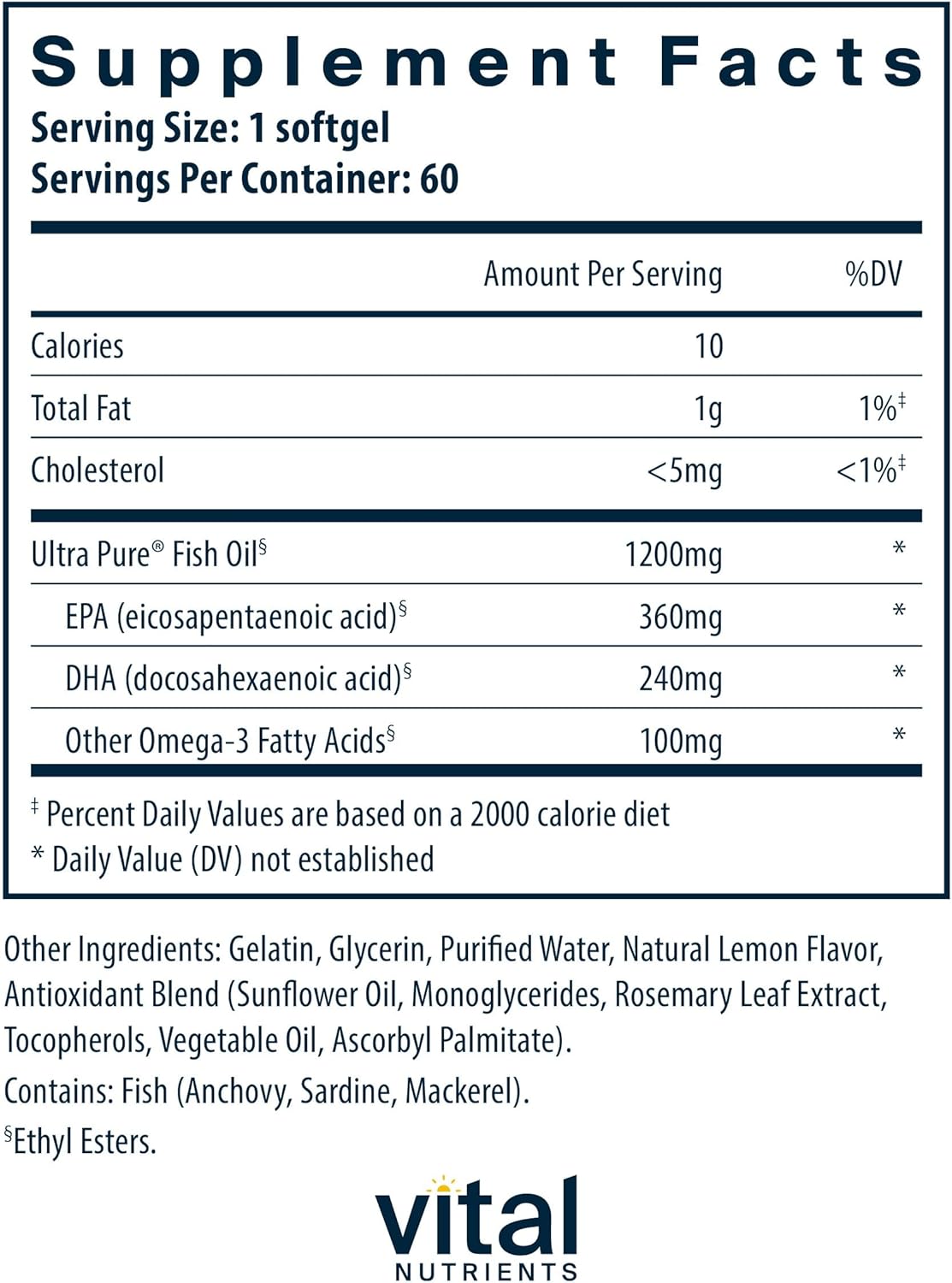 High EPA & DHA Omega-3 Fish Oil Softgels for Heart, Brain, Joint Health | Lemon Flavor | Gluten, Dairy & Soy Free | 60 ct