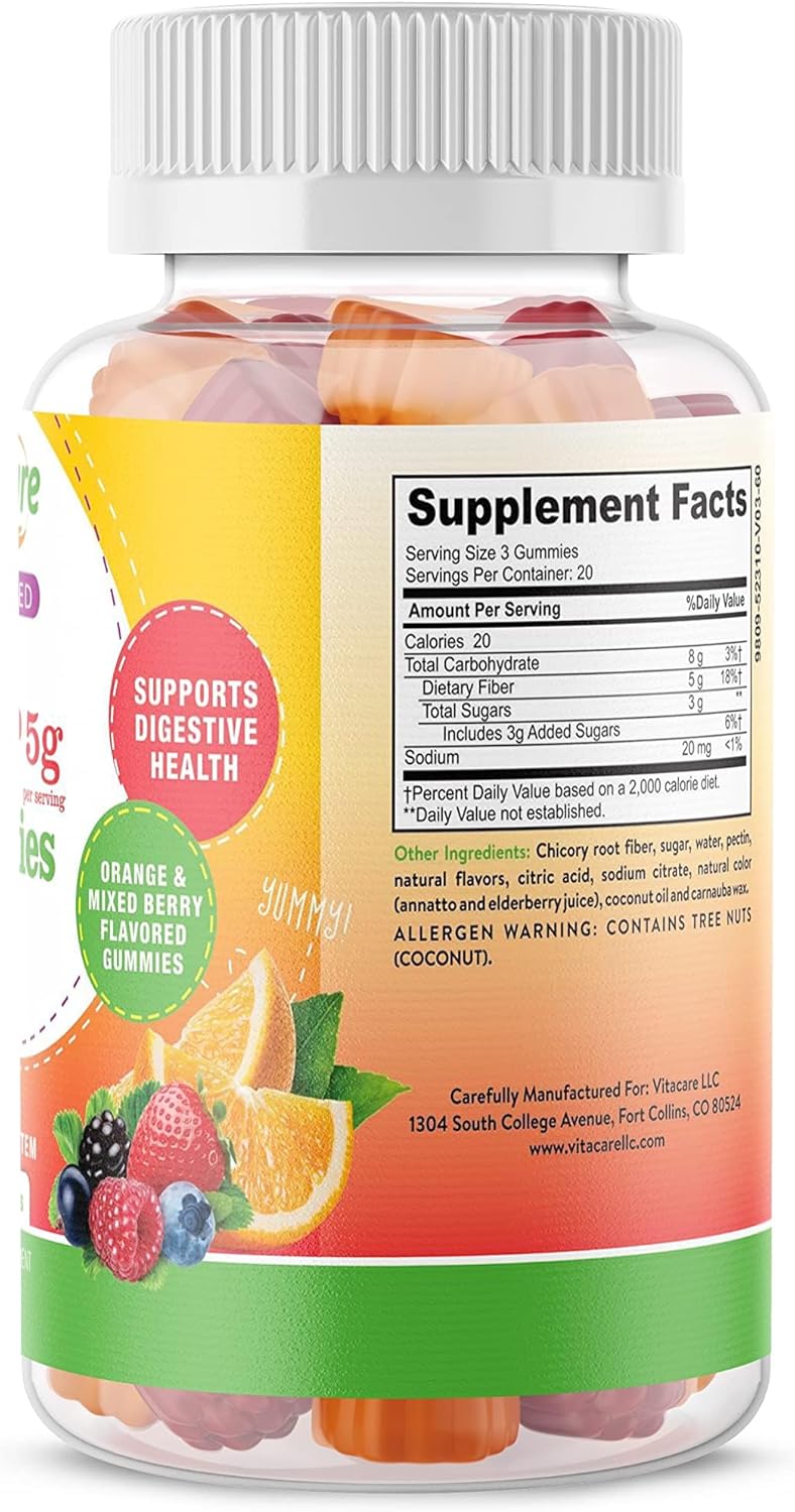 High Fiber Prebiotic Gummies for Adults - 60 Tasty Vitacare Advanced Fiber 5gm Gummies - Immunity & Digestive Support - Non GMO & Halal