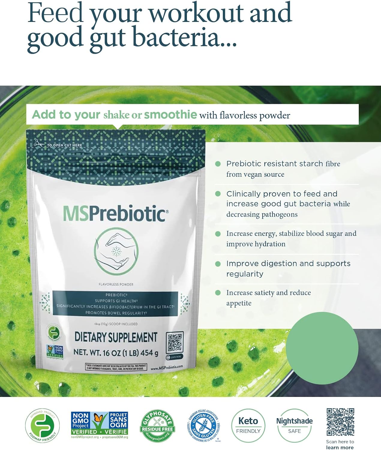 High Fiber Prebiotic Supplement for Gut Health - 16oz Powder - Feed Probiotics - Superfood Source of Soluble Fiber