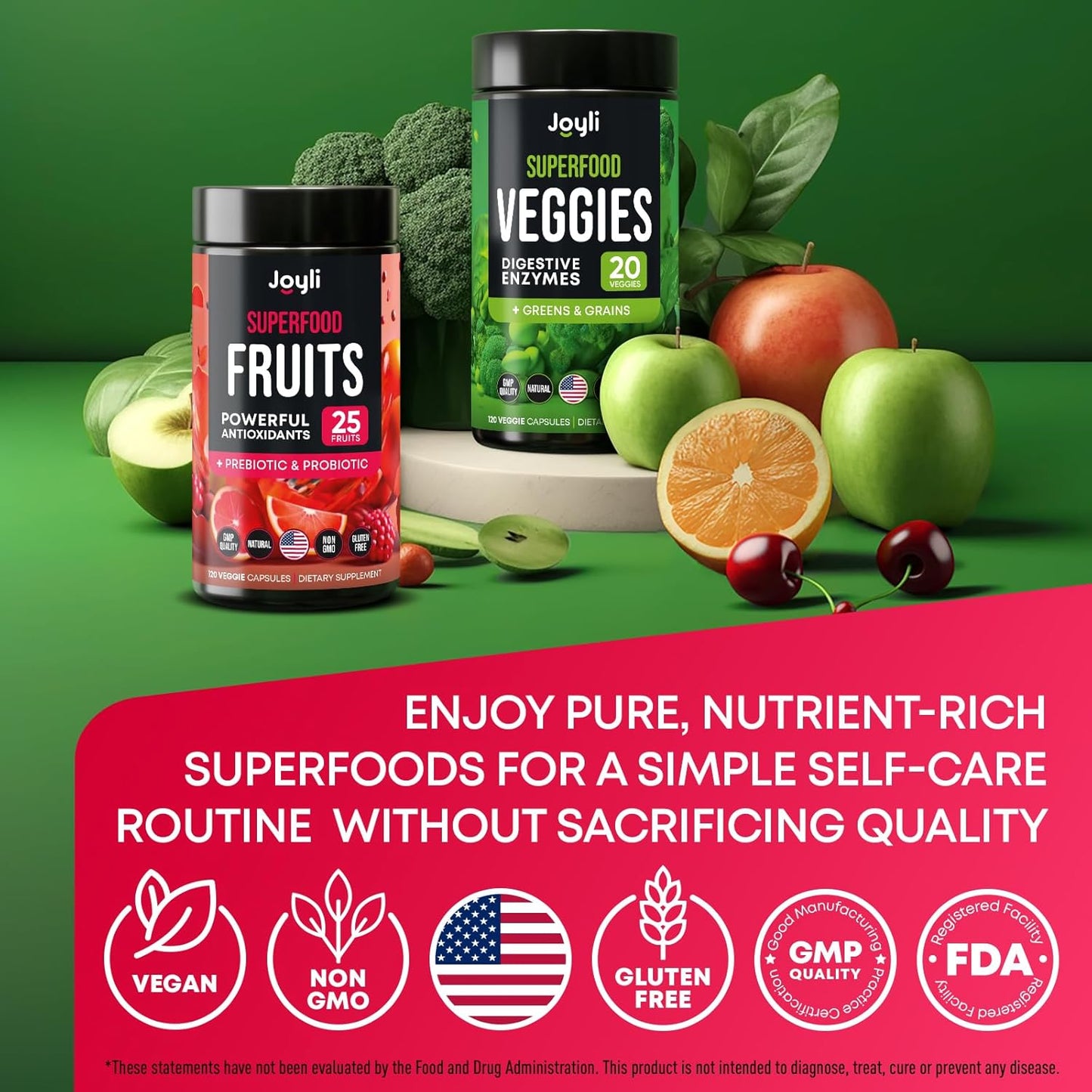High Fiber Superfood Supplement for Immunity, Gut Health & Energy - JOYLI Nutrition Fruits and Veggies Capsules with Marshmallow Root - 240 Super Reds & Greens Powder Capsules