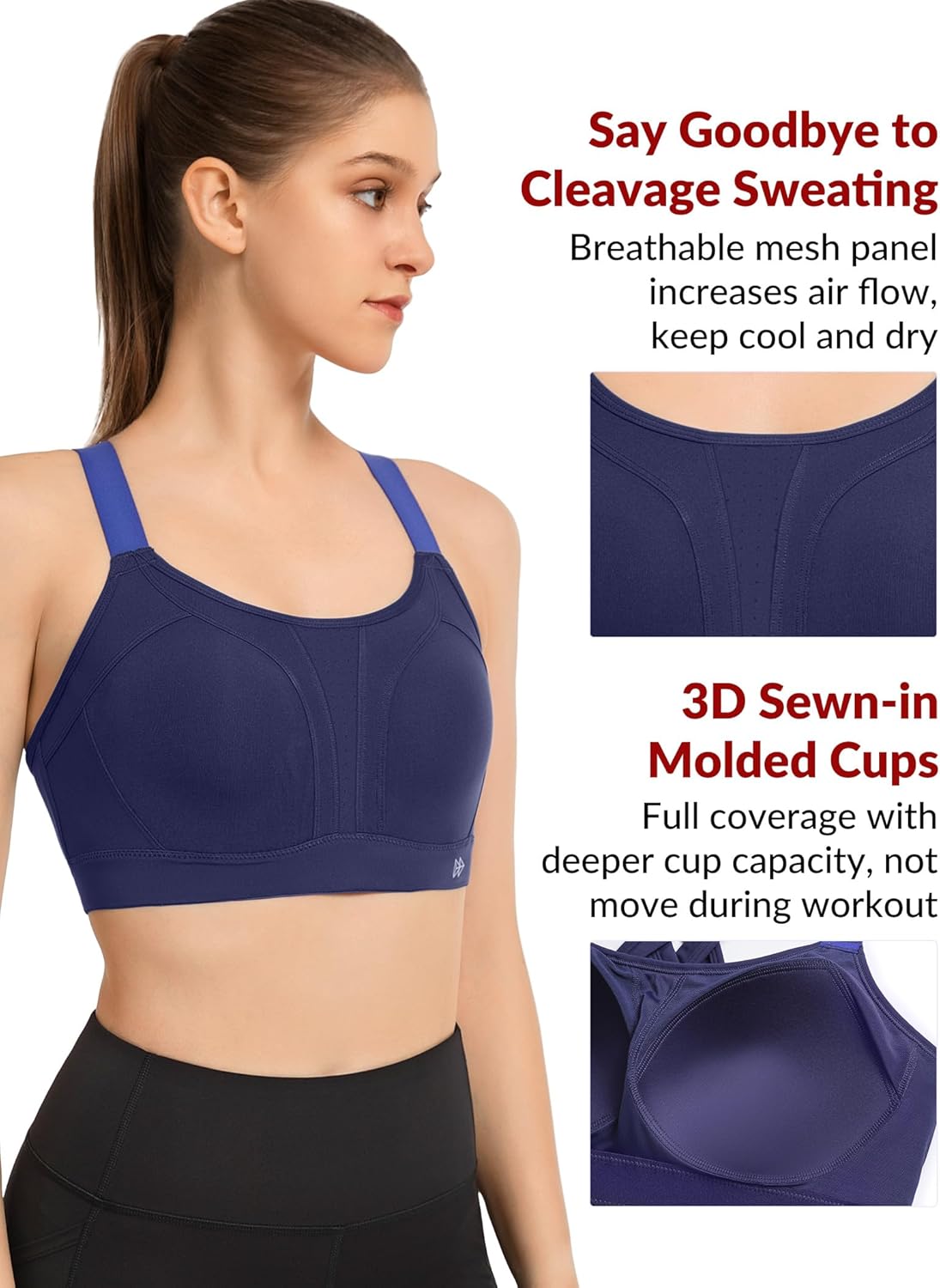 High Impact Yvette Sports Bra with Adjustable Criss Cross Back - Full Support and No Bounce for Large Busts