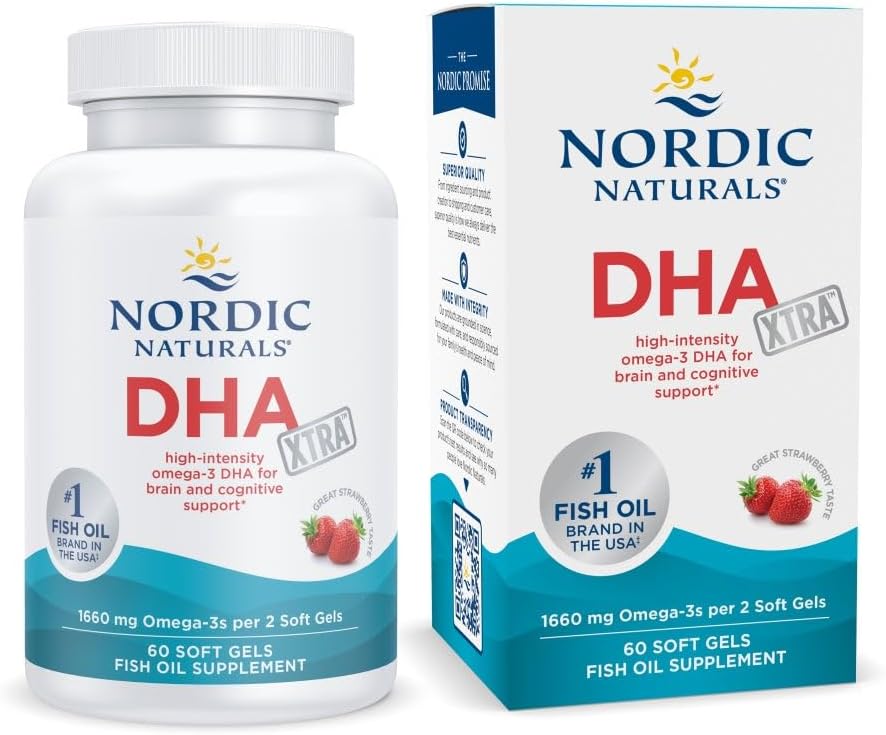 High-Intensity DHA Formula for Brain & Nervous System Support - Nordic Naturals DHA Xtra Strawberry Soft Gels - 60ct, 1660mg Omega-3, Non-GMO, 30 Servings
