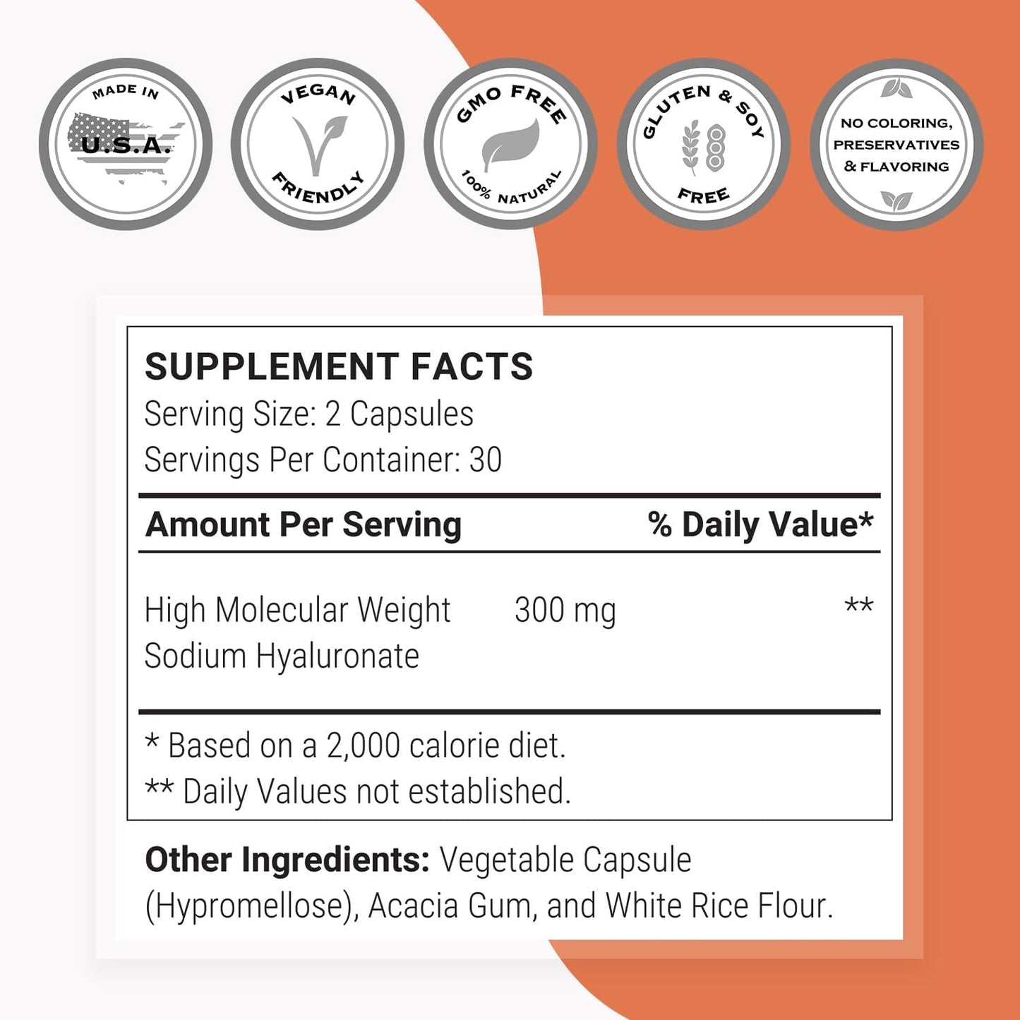 High Molecular Weight Hyaluronic Acid Supplement - 300mg Daily (Sodium Hyaluronate) - Non-GMO, Gluten Free - 60 Capsules