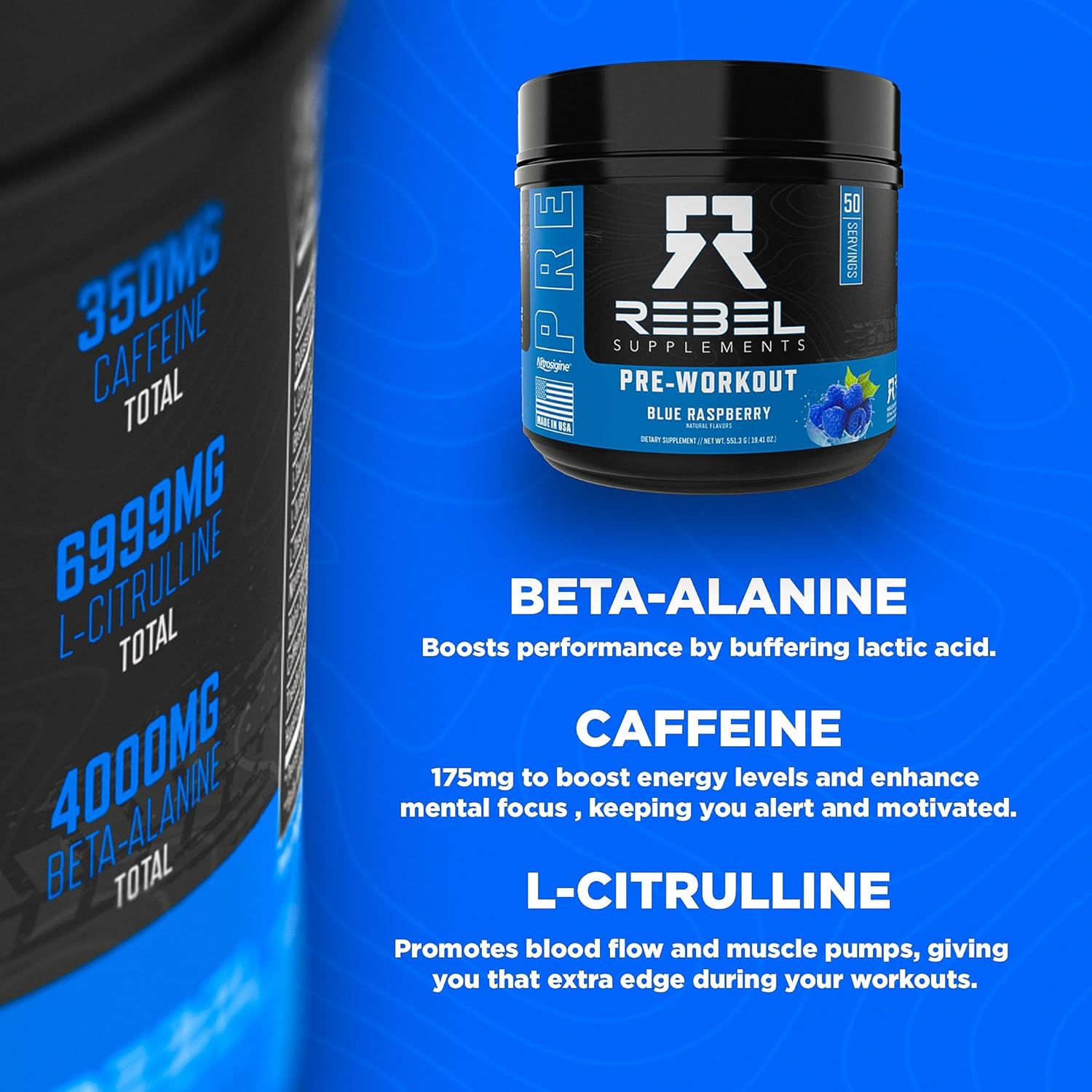 High-Performance Blue Razz Pre Workout Supplement for Intense Energy and Focus with L-Citrulline, Beta Alanine, Nitrosigine, and Caffeine - 50 Servings