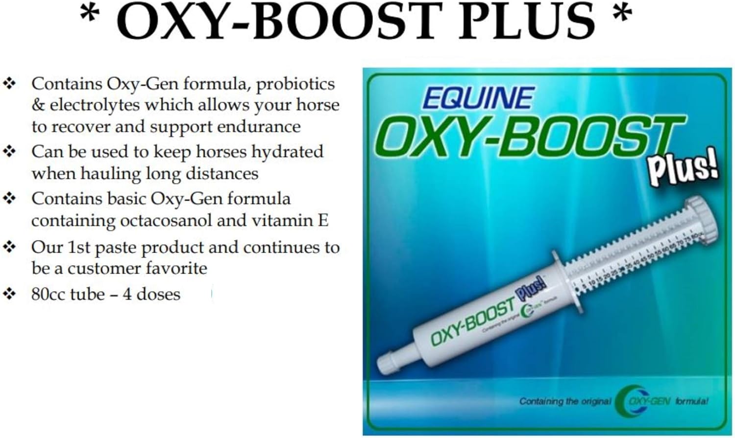 High Performance Horse Probiotic Electrolyte Paste with Vitamin E, Omega 3, Omega 6 | SUPTMAX Oxy-Gen Oxy-Boost 80cc Paste | Made in USA
