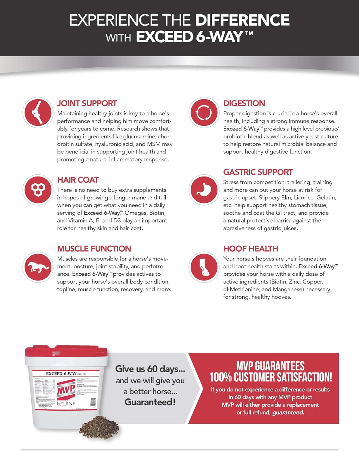 High Performance Horse Support Pellets - MVP Exceed 6-Way Formula (32lb) - Joint, Hoof, Hair, Gastric, Digestion, Muscle Support