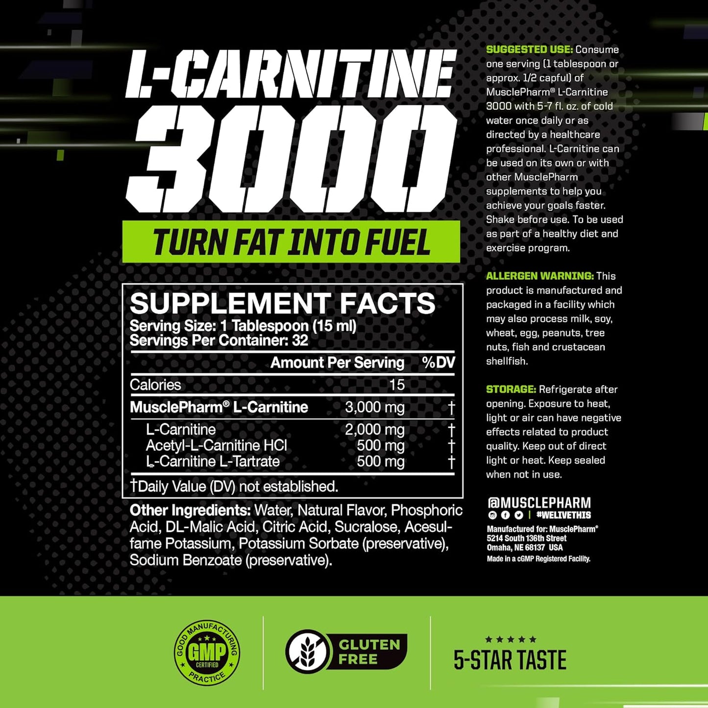 High-Performance Muscle Pharm L-Carnitine 3000 Liquid Supplement, Peach Nectarine Flavor, Supports Metabolism & Energy, Zero Sugar - 32 Servings