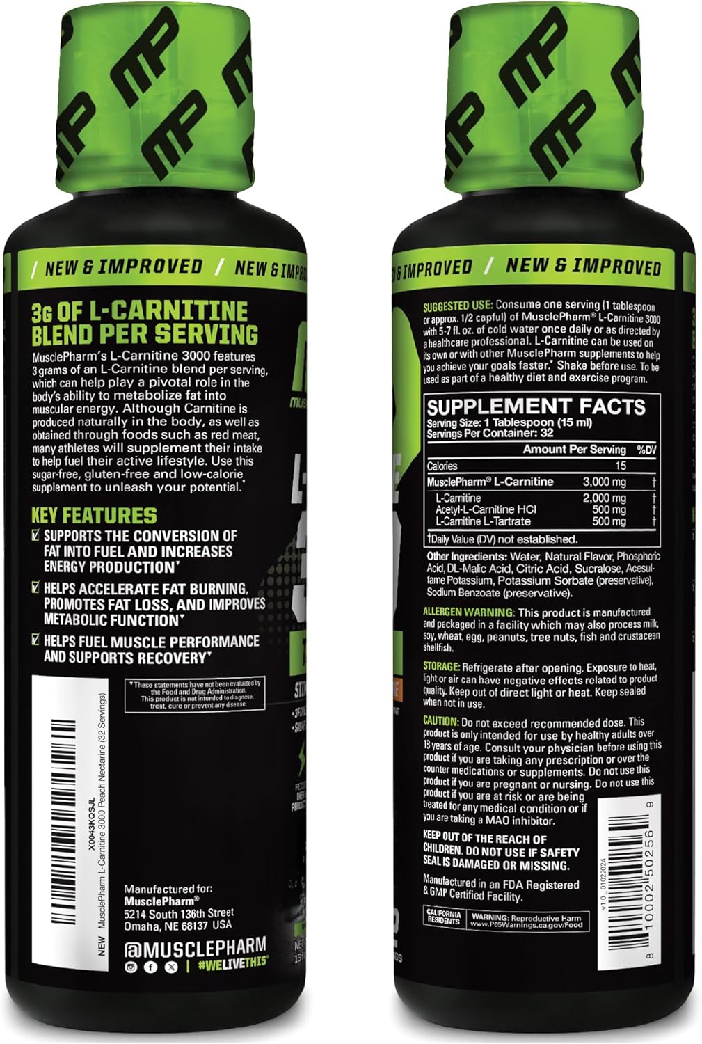 High-Performance Muscle Pharm L-Carnitine 3000 Liquid Supplement, Peach Nectarine Flavor, Supports Metabolism & Energy, Zero Sugar - 32 Servings