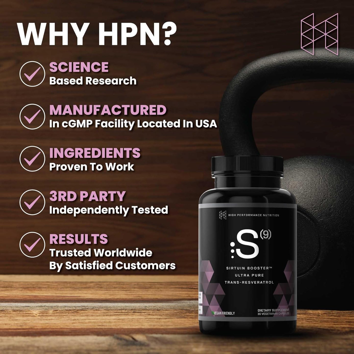 High Performance Nutrition S(9) Sirtuin Booster with Ultra Pure Trans Resveratrol - Healthy Aging Antioxidant Supplement, 30 Capsules