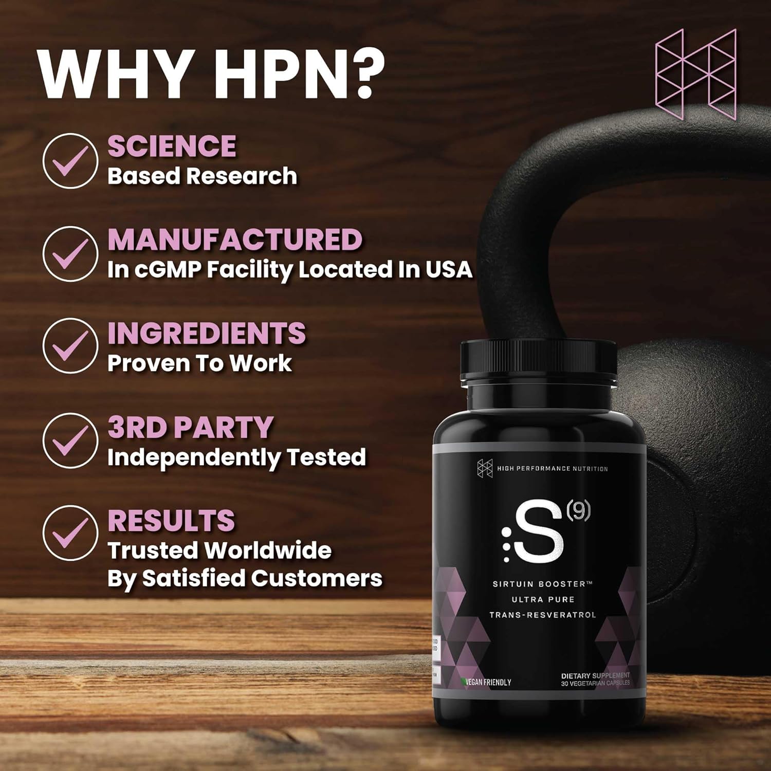 High Performance Nutrition S(9) Sirtuin Booster with Ultra Pure Trans Resveratrol - Healthy Aging Antioxidant Supplement, 30 Capsules