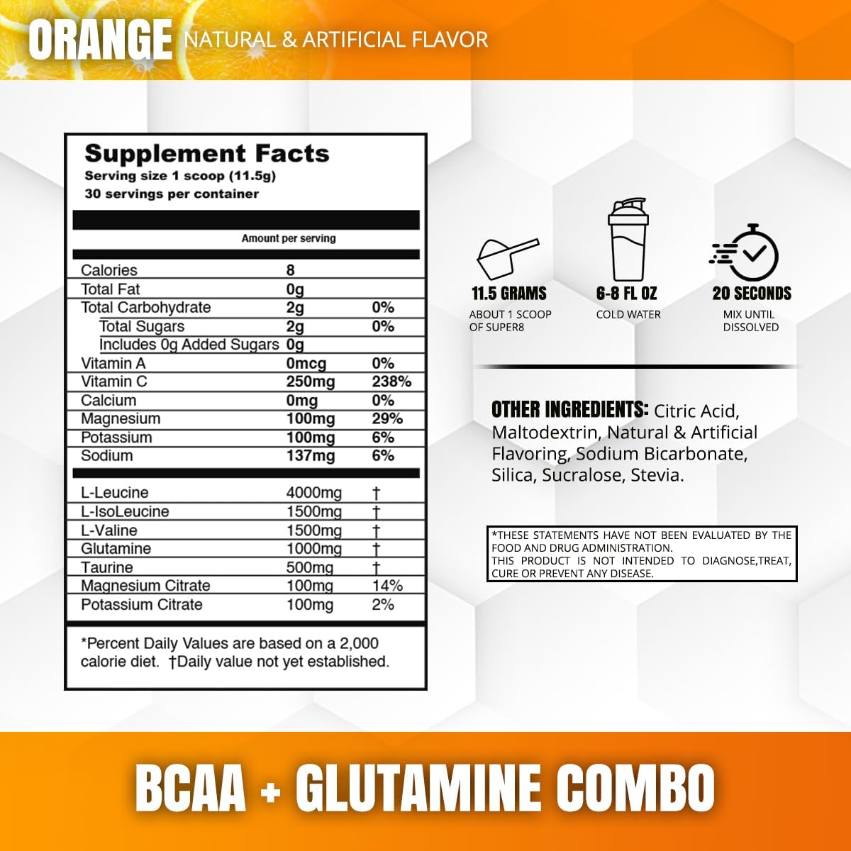 High Performance Super 8 BCAA + Electrolyte & Glutamine Formula for Post-Workout Recovery - Orange Flavor
