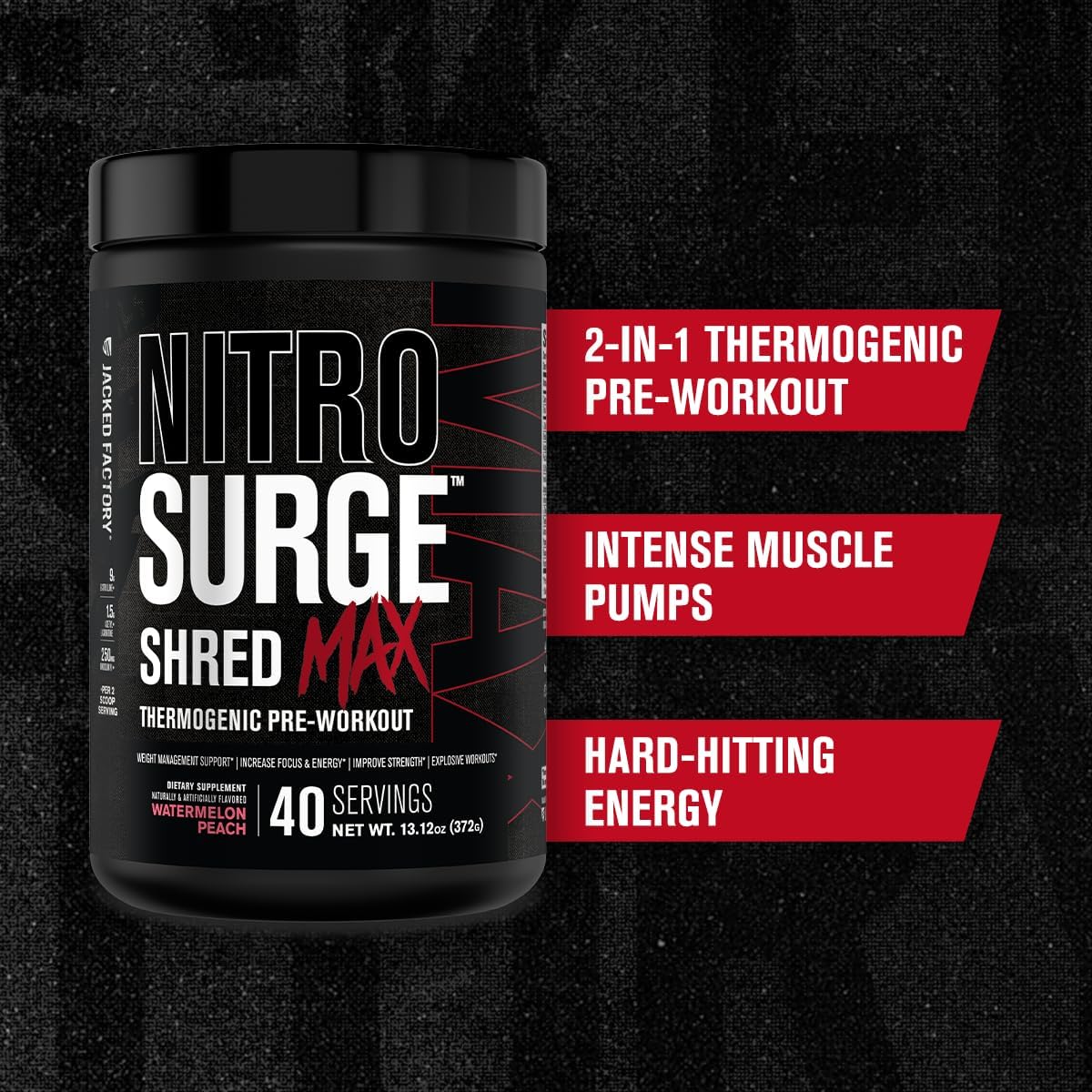 High-Performance Thermogenic Pre Workout Powder for Men and Women - Jacked Factory Nitrosurge Shred Max Preworkout with L Citrulline, Acetyl L Carnitine, Organic Caffeine - 40 Servings, Watermelon Peach Flavor