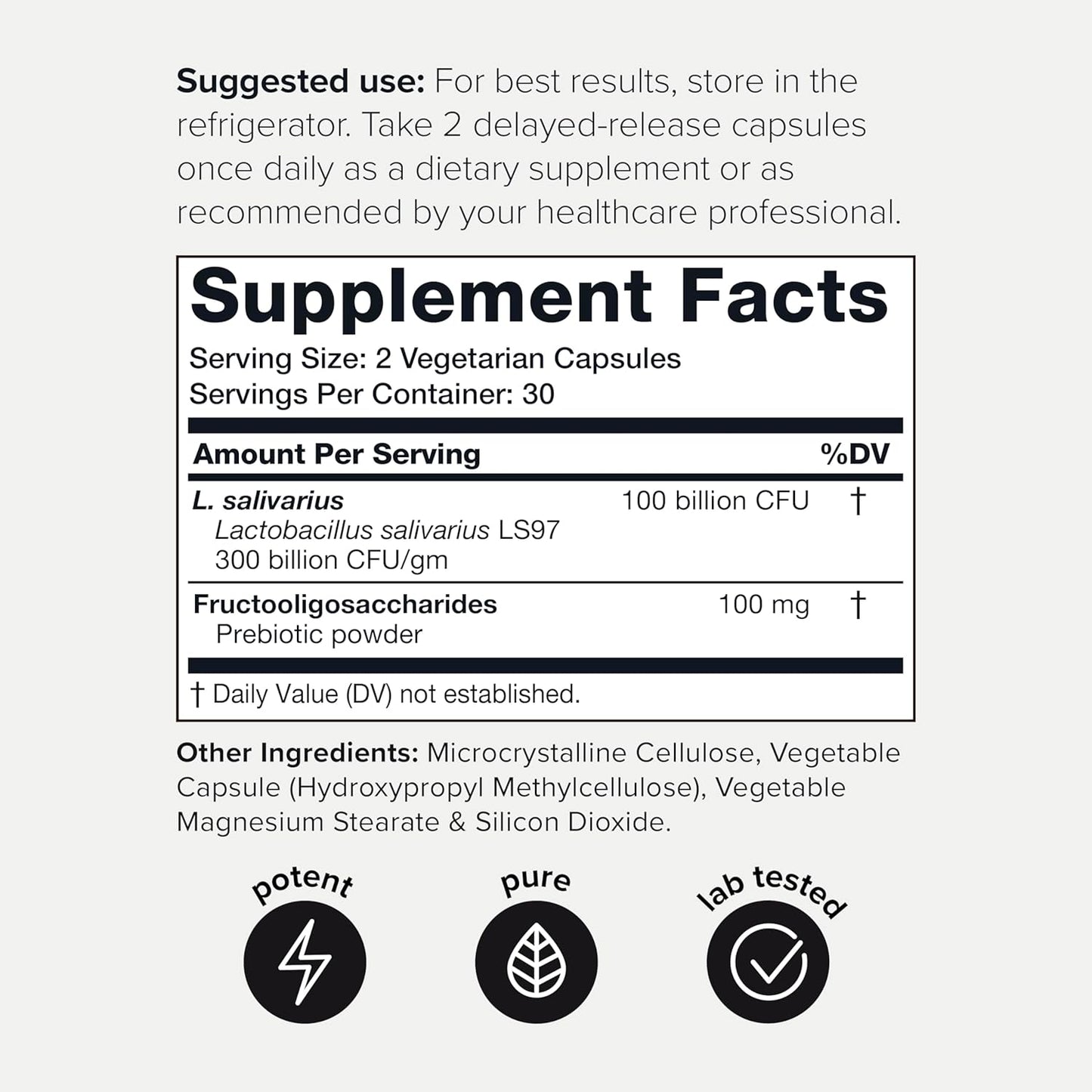 High-Potency 100 Billion CFU Lactobacillus Salivarius Probiotic Capsules - Third-Party Tested - 60 Capsules, 30 Servings