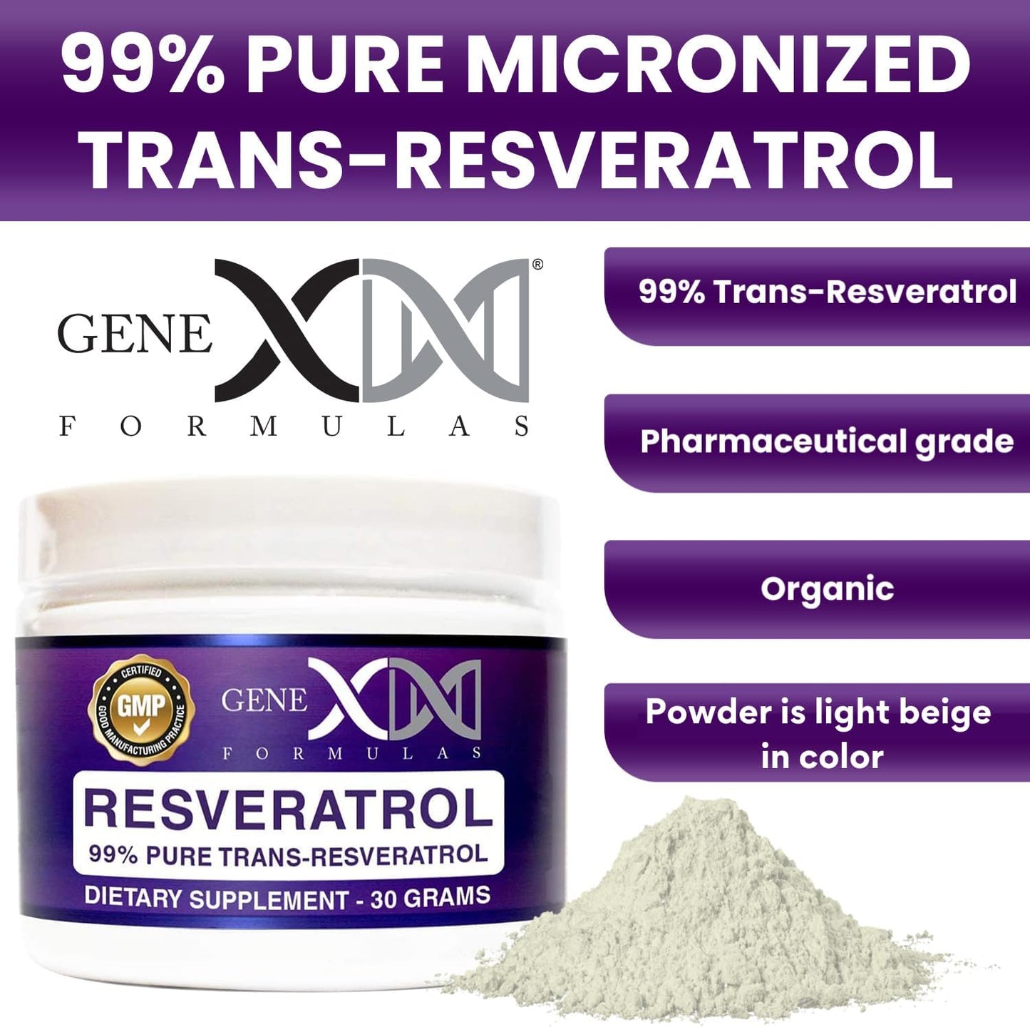 High Potency 1000mg Trans-Resveratrol Powder - 30 Servings - Pharmaceutical Grade - GMP & NSF Certified