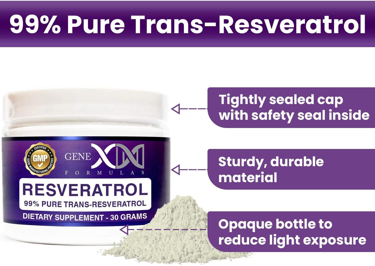 High Potency 1000mg Trans-Resveratrol Powder - 30 Servings - Pharmaceutical Grade - GMP & NSF Certified