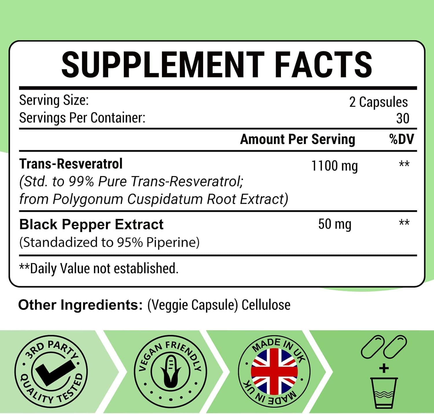 High-Potency 1100mg Trans-Resveratrol Supplement - Organic Anti-Aging & Antioxidant Formula for Skin Health, Energy, and Immunity - 60 Capsules