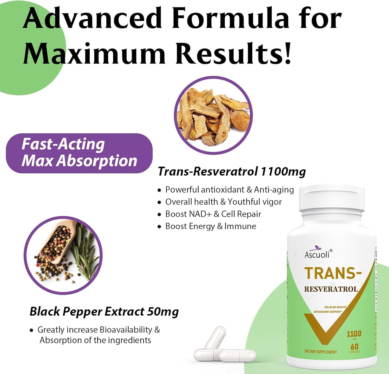 High-Potency 1100mg Trans-Resveratrol Supplement - Organic Anti-Aging & Antioxidant Formula for Skin Health, Energy, and Immunity - 60 Capsules