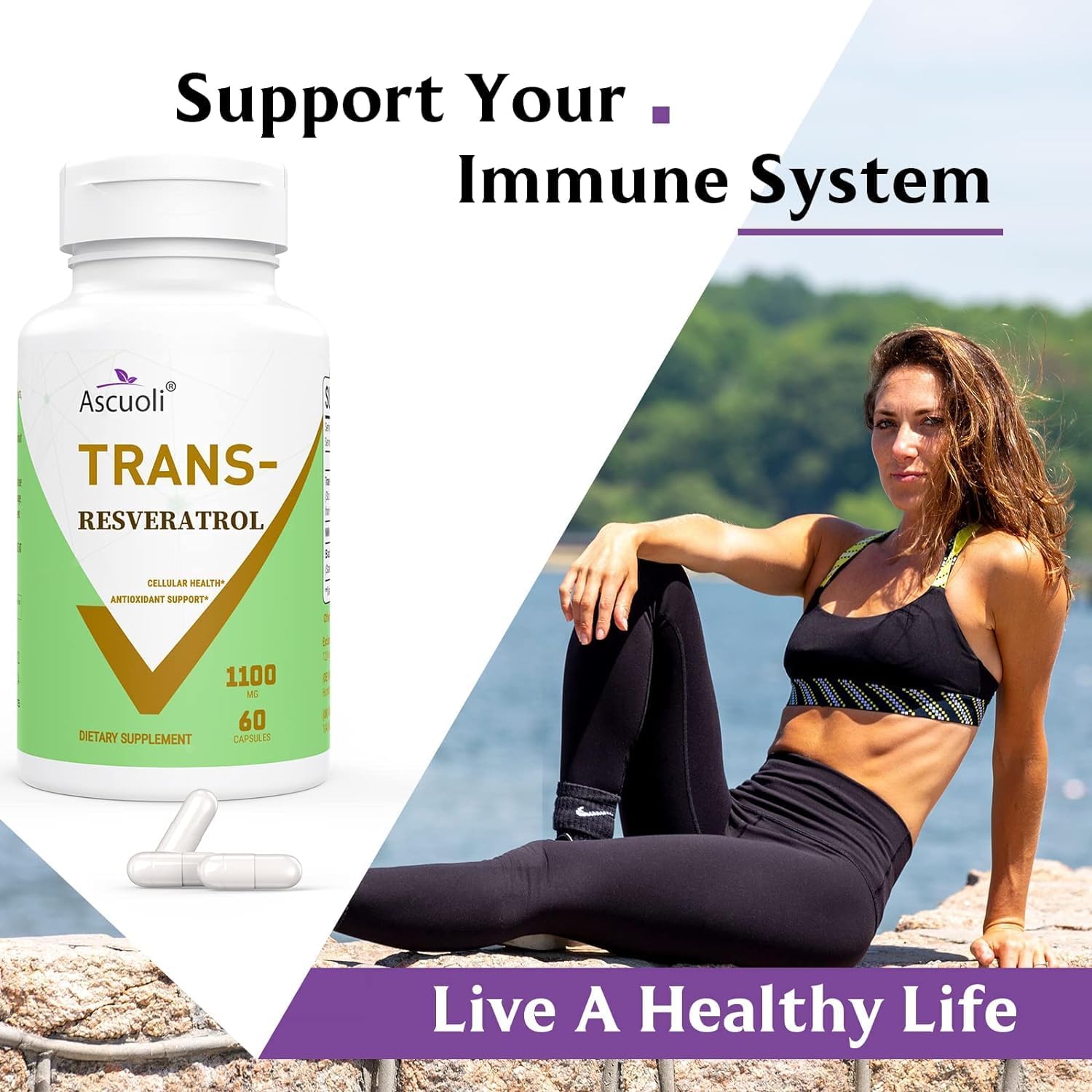 High-Potency 1100mg Trans-Resveratrol Supplement - Organic Anti-Aging & Antioxidant Formula for Skin Health, Energy, and Immunity - 60 Capsules