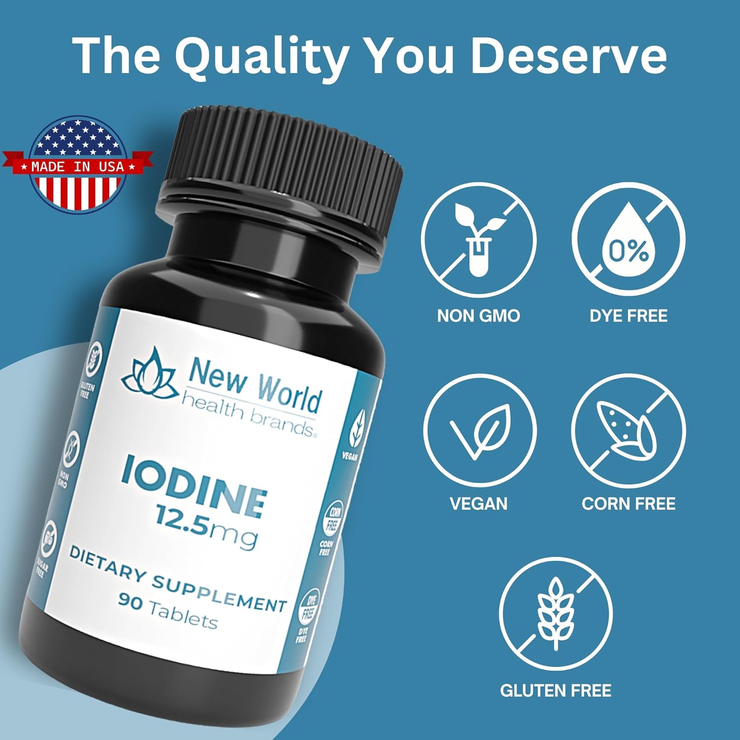 High Potency 12.5mg Iodine Tablets - 90 Count - Supports Growth, Thyroid & Metabolism - Fast Absorption & Easy to Swallow by New World Health Brands