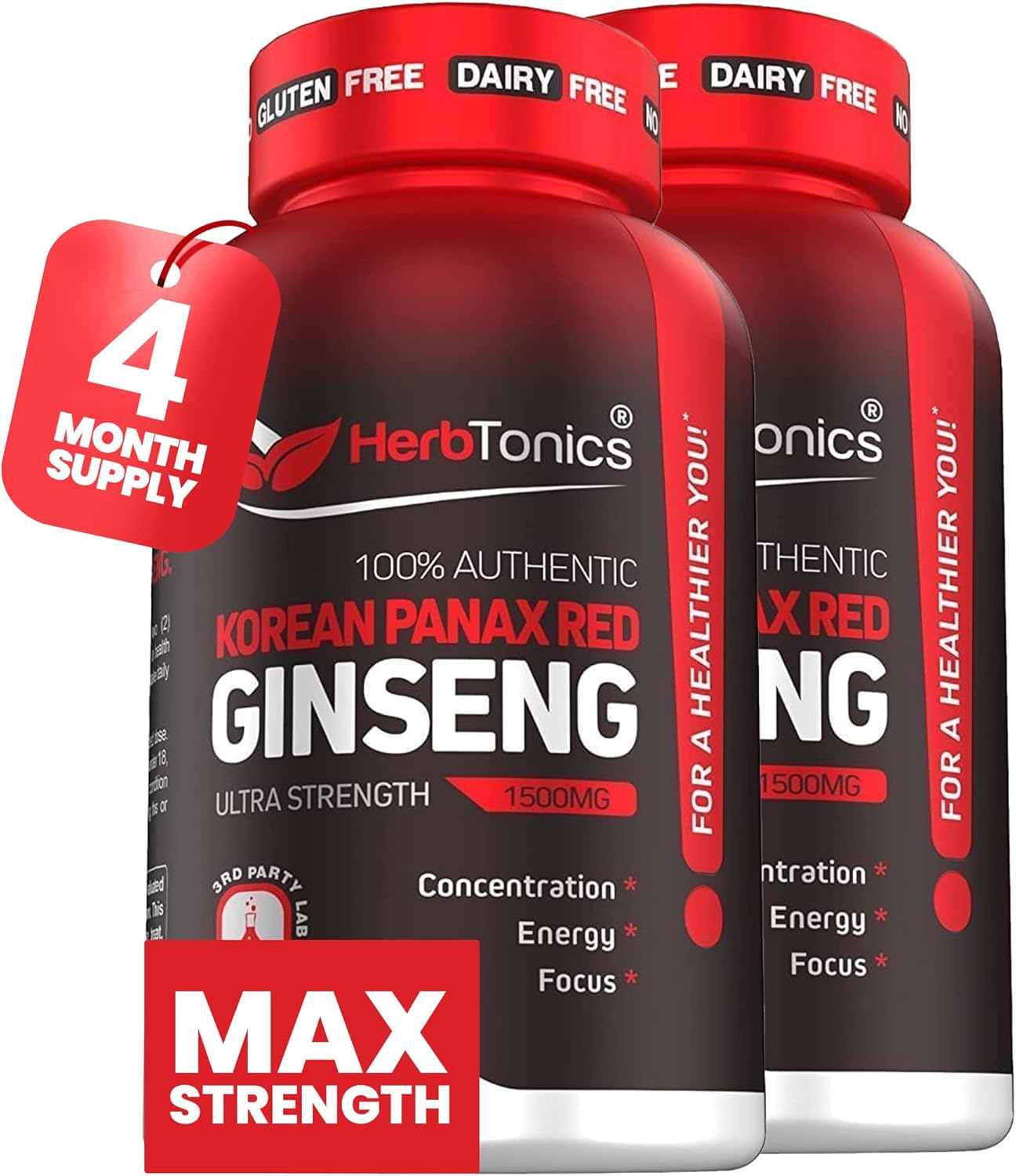 High Potency 1500mg Korean Red Panax Ginseng Capsules for Energy, Performance, and Immune Support - Focus and Vitality Supplement for Men and Women - 240 Capsules by Herbtonics