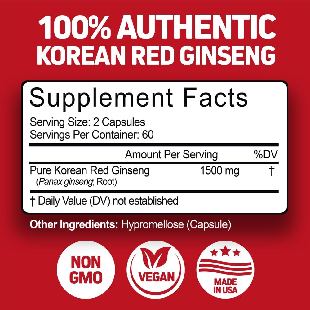 High Potency 1500mg Korean Red Panax Ginseng Capsules for Energy, Performance, and Immune Support - Focus and Vitality Supplement for Men and Women - 240 Capsules by Herbtonics