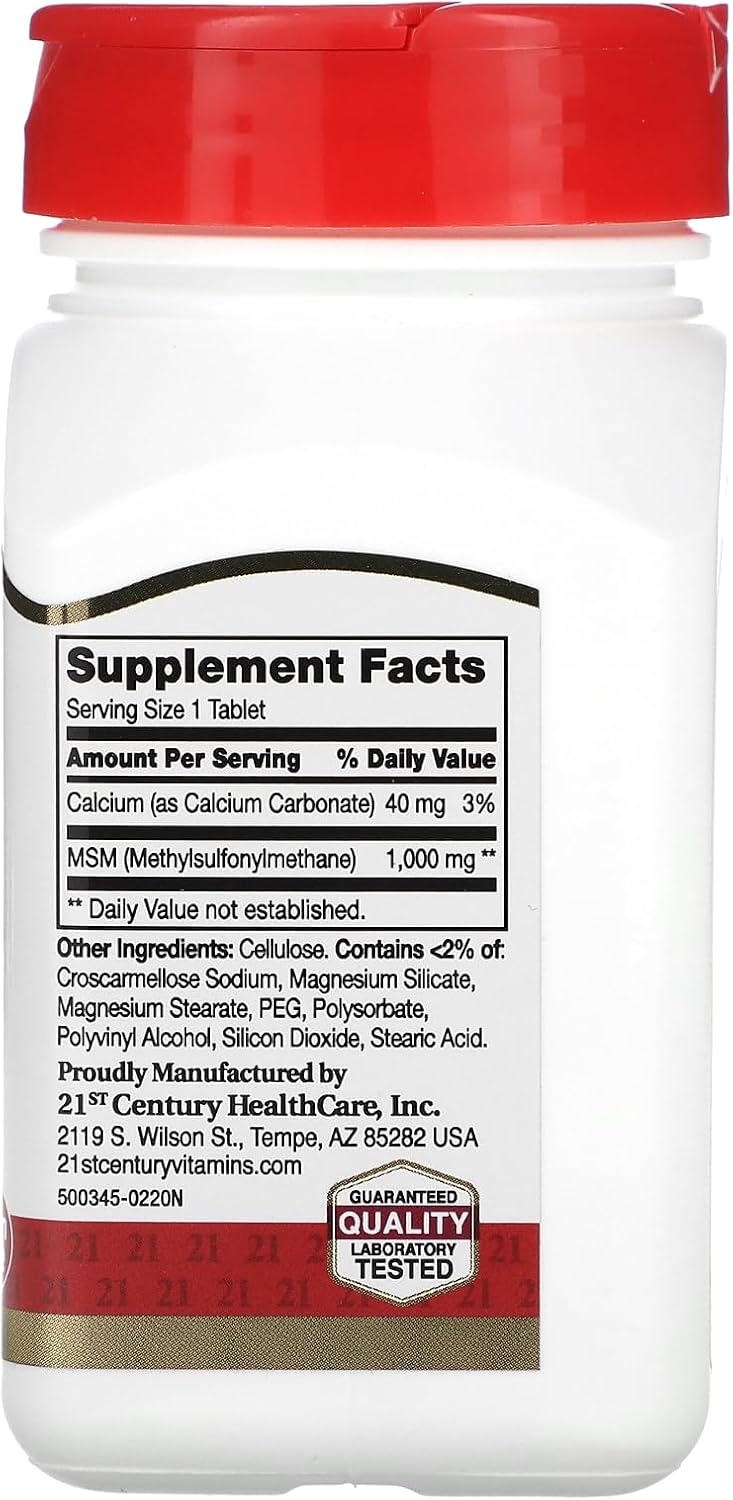 High Potency 21st Century MSM Supplement - 1000mg Tablets, 90 Count