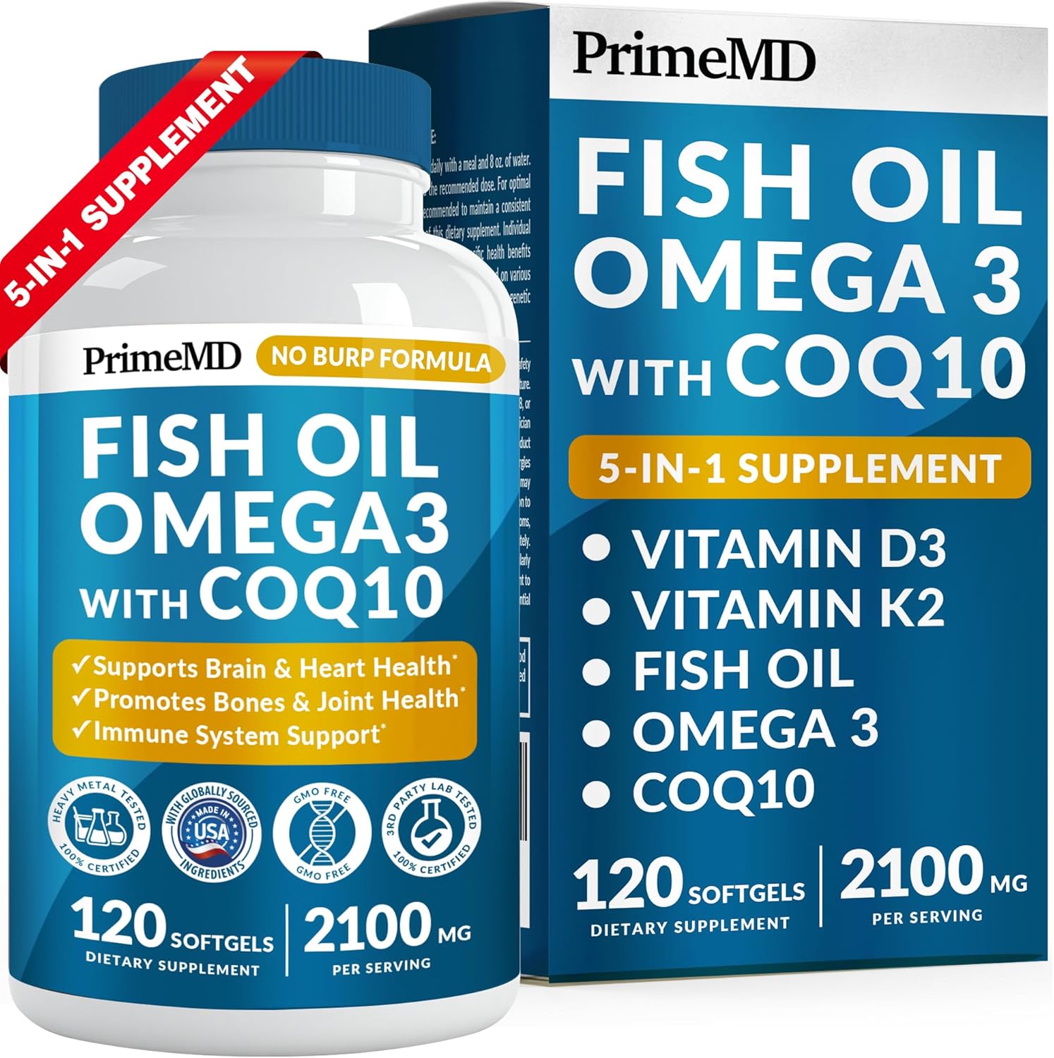 High Potency 5-in-1 Fish Oil Omega 3 Supplement with Vitamins D3, K2, and CoQ10 - Lemon Flavor - 120 Softgels