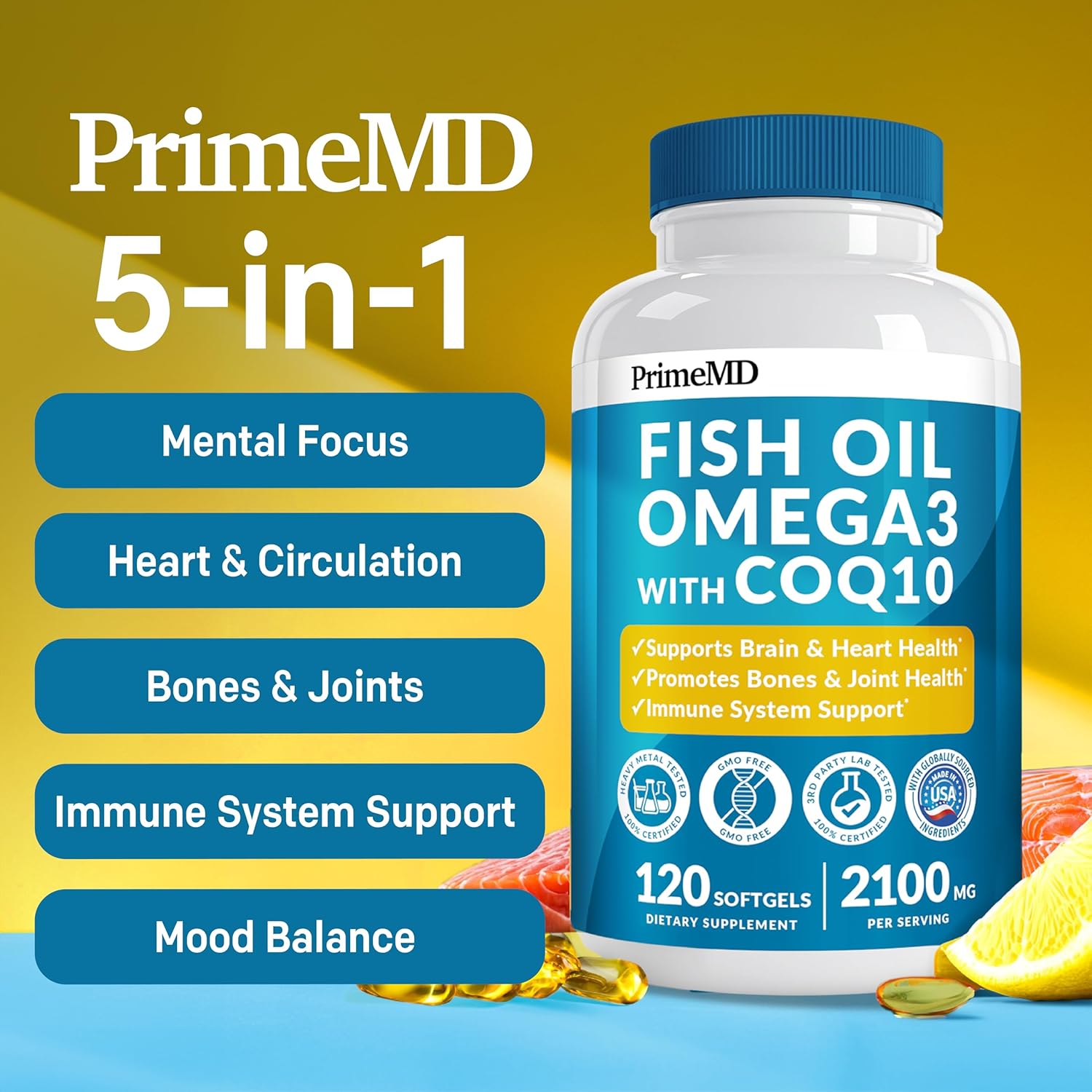 High Potency 5-in-1 Fish Oil Omega 3 Supplement with Vitamins D3, K2, and CoQ10 - Lemon Flavor - 120 Softgels