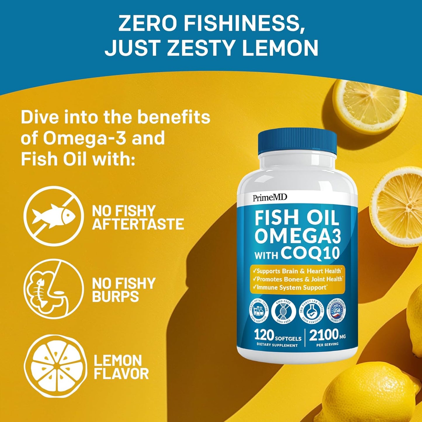 High Potency 5-in-1 Fish Oil Omega 3 Supplement with Vitamins D3, K2, and CoQ10 - Lemon Flavor - 120 Softgels