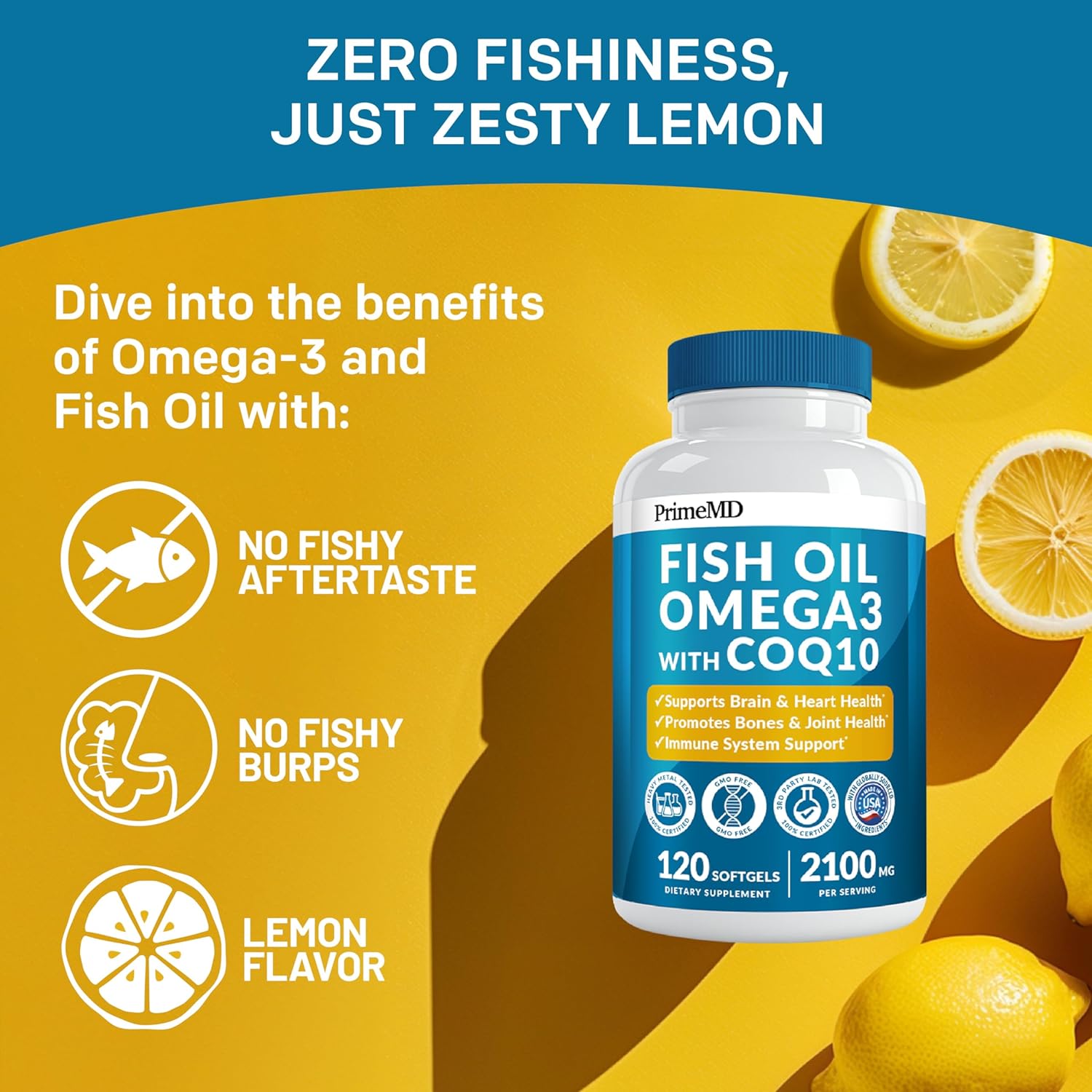 High Potency 5-in-1 Fish Oil Omega 3 Supplement with Vitamins D3, K2, and CoQ10 - Lemon Flavor - 120 Softgels