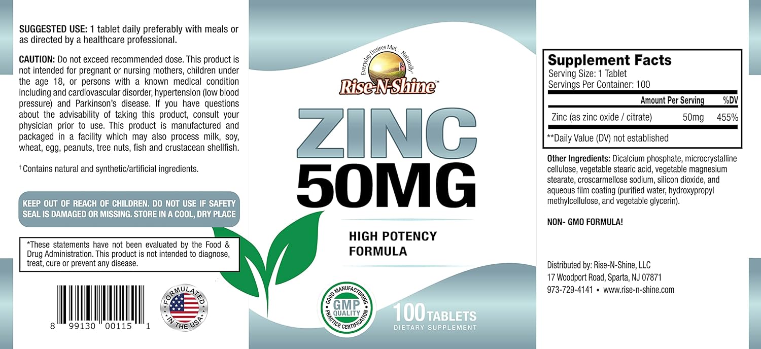 High Potency 50 mg Zinc Supplements for Immune Support - Antioxidant - 100 Tablets for 100 Days