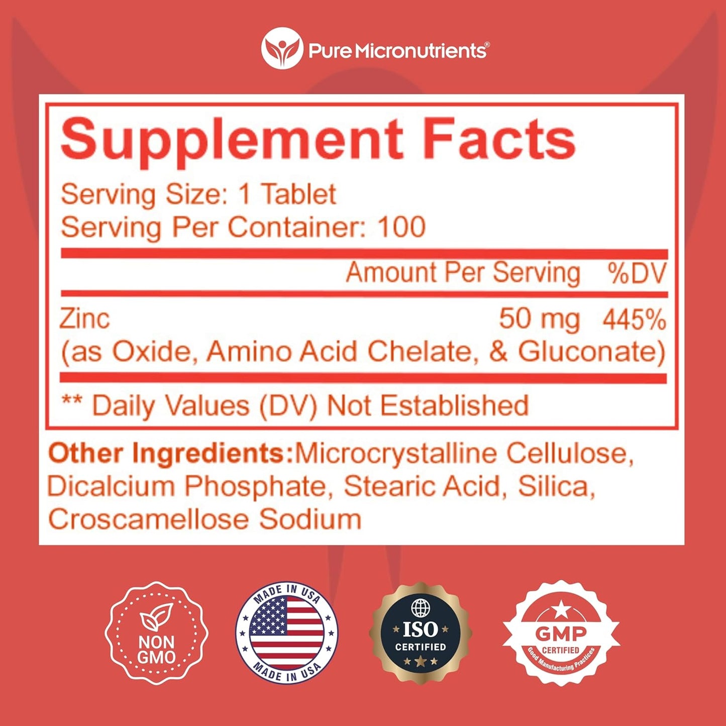 High Potency 50mg Mega Zinc Supplement - 100 Tablets, 3-in-1 Zinc Complex by Pure Micronutrients