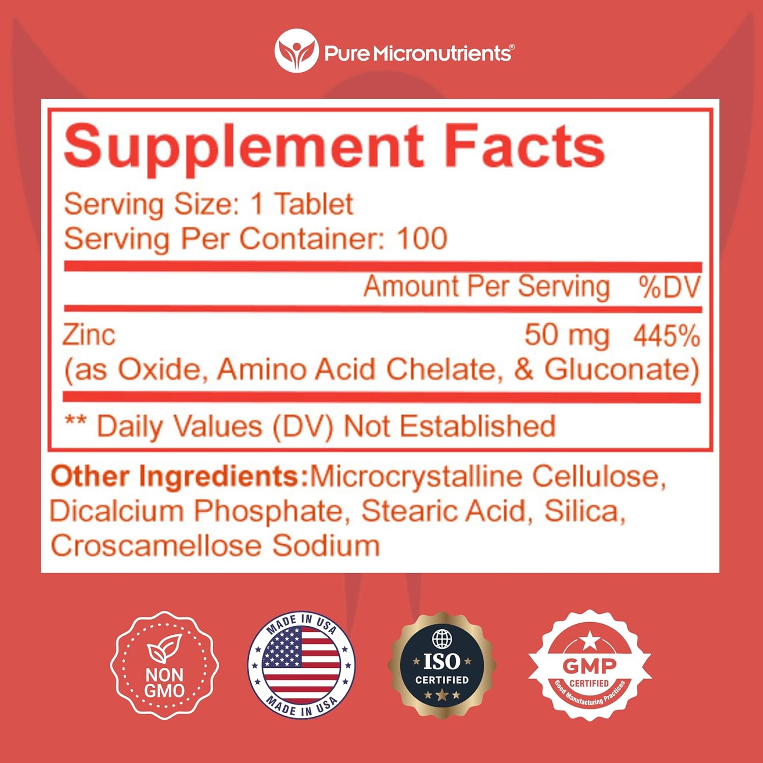 High Potency 50mg Mega Zinc Supplement - 100 Tablets, 3-in-1 Zinc Complex by Pure Micronutrients