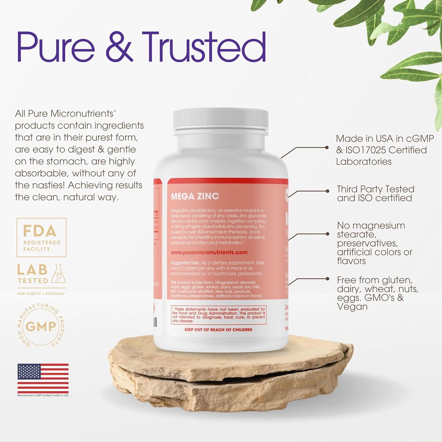 High Potency 50mg Mega Zinc Supplement - 100 Tablets, 3-in-1 Zinc Complex by Pure Micronutrients