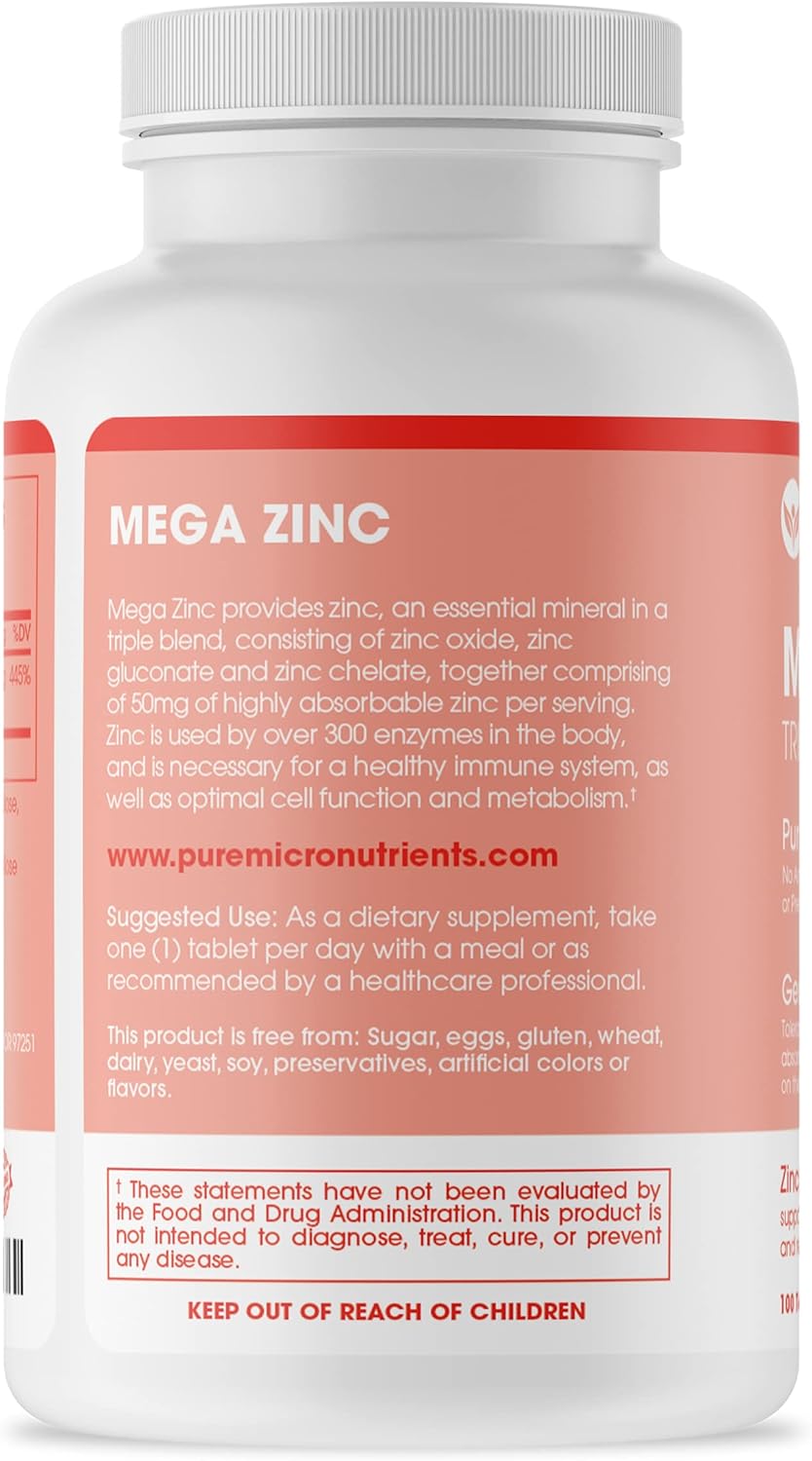 High Potency 50mg Mega Zinc Supplement - 100 Tablets, 3-in-1 Zinc Complex by Pure Micronutrients