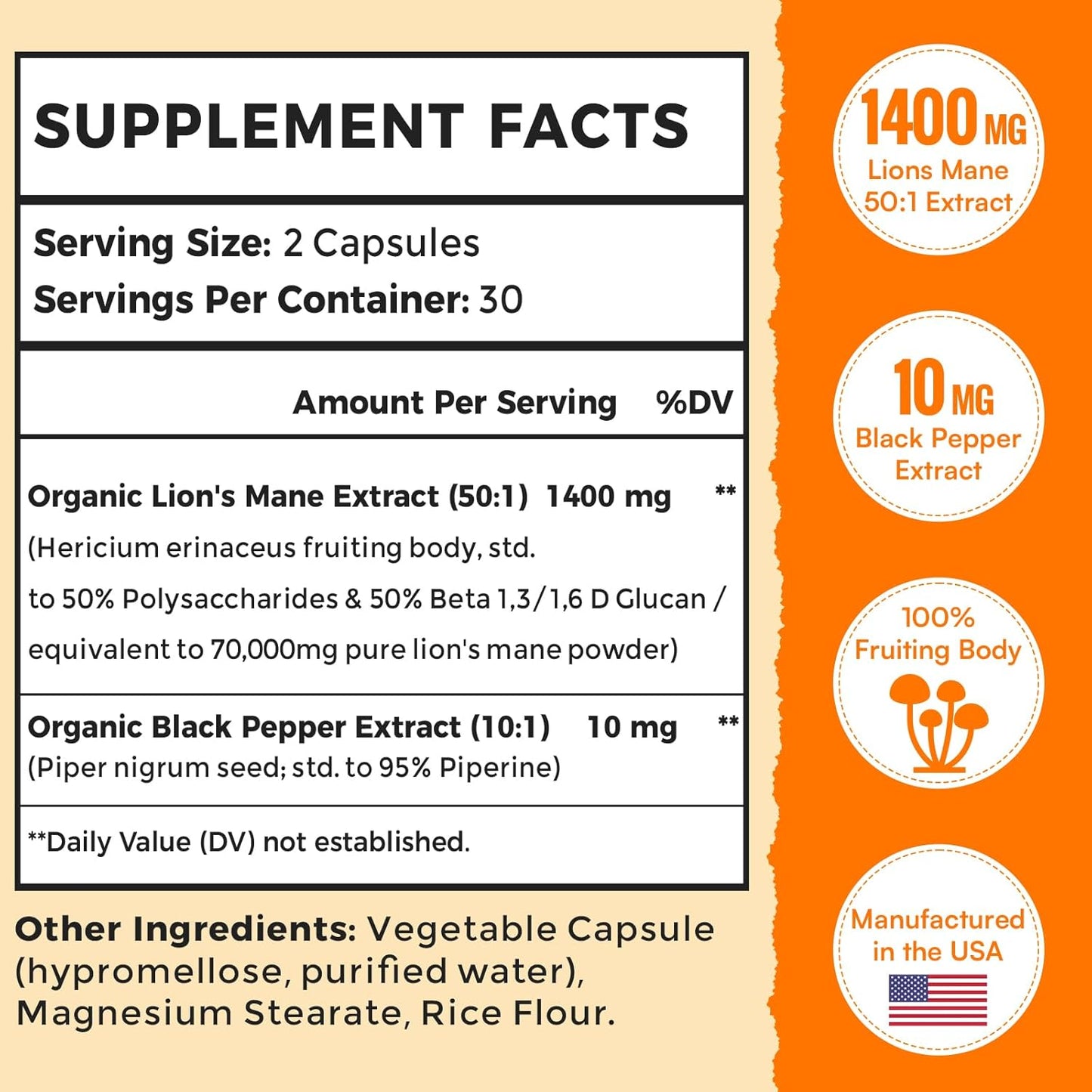 High Potency 70,000mg Lions Mane Supplement Capsules - Boost Memory, Focus, Energy, Mood & Immunity - 60 Capsules