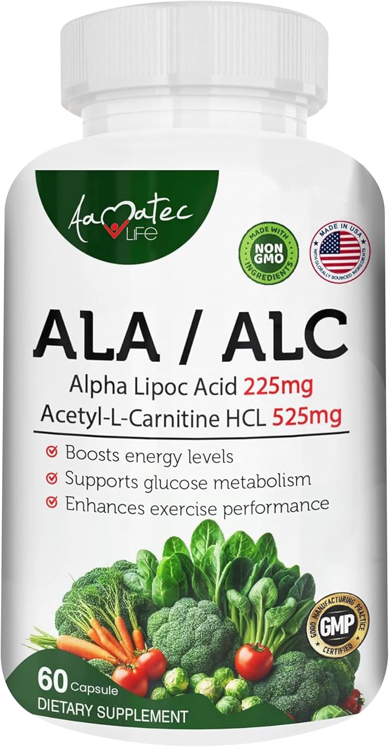 High Potency AAMATEC LIFE ALA/ALC Dietary Supplement - Best Alpha Lipoic Acid and Acetyl-L-Carnitine HCl for Antioxidant Support and Energy Boost - 60 Capsules for Men and Women
