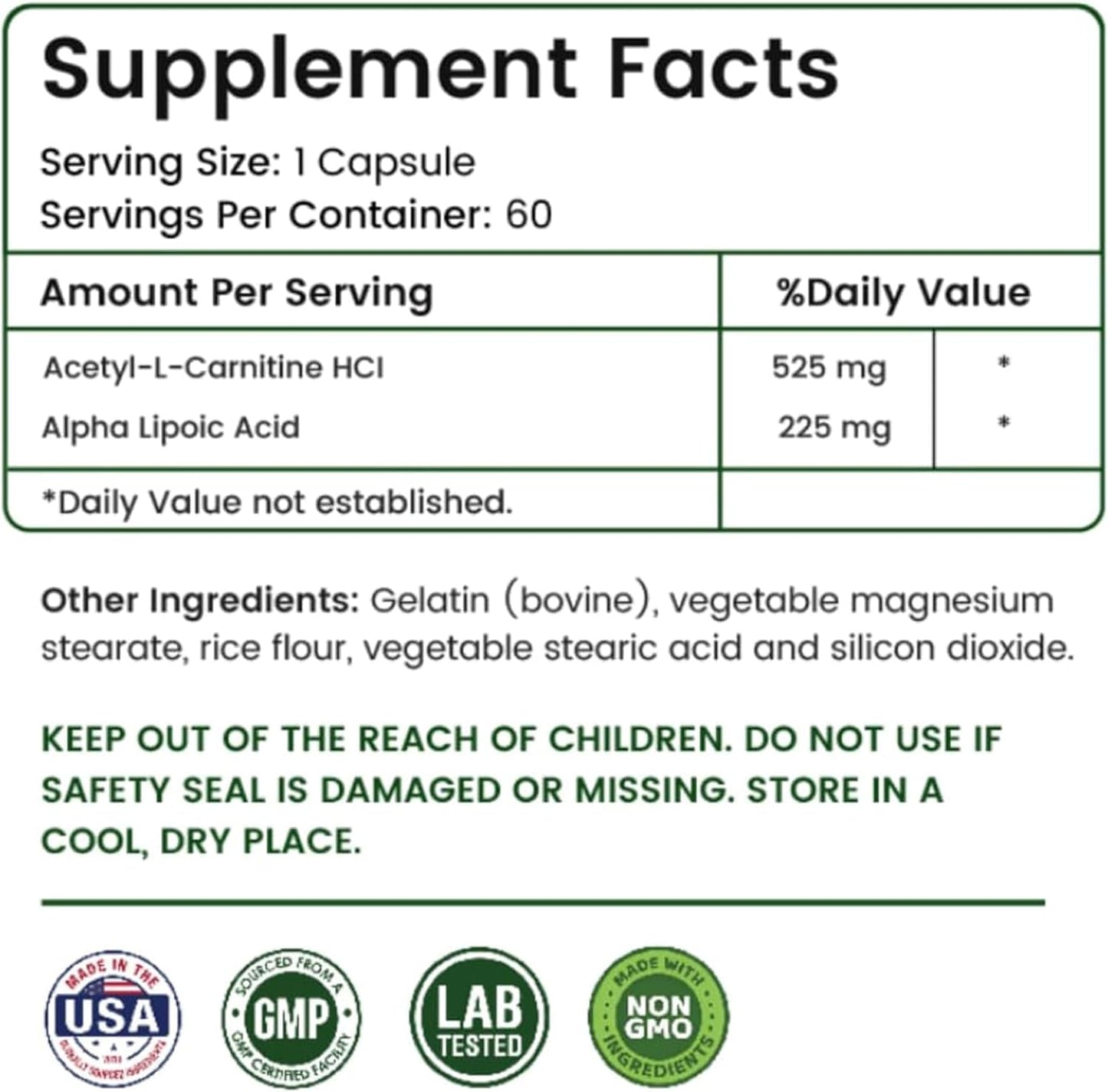 High Potency AAMATEC LIFE ALA/ALC Dietary Supplement - Best Alpha Lipoic Acid and Acetyl-L-Carnitine HCl for Antioxidant Support and Energy Boost - 60 Capsules for Men and Women
